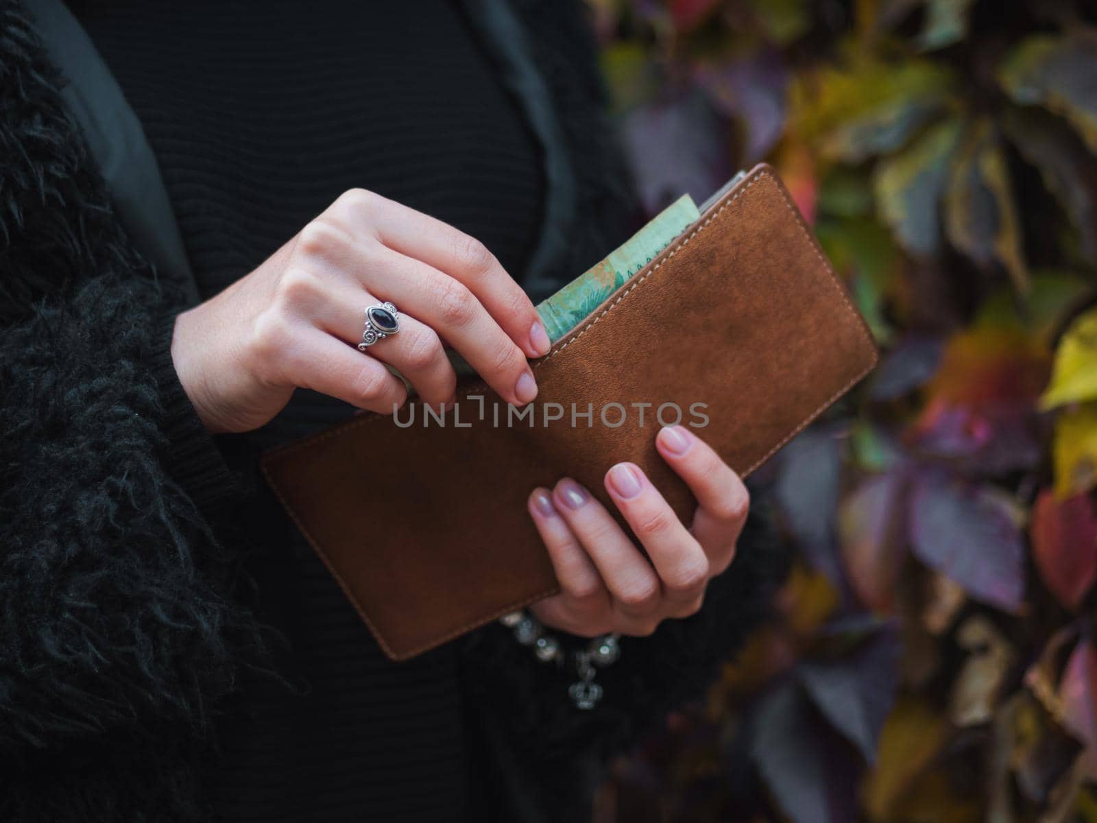 people, saving and finance concept - hands with cash money and wallet in autumn park. Close up hands of young woman with brown purse.