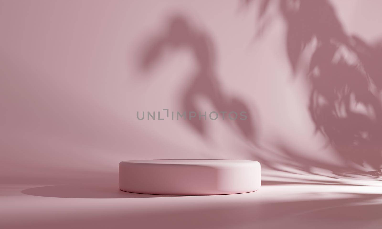 Minimalism style podium in pink pastel color with tree or plant shadow lighting background. Abstract and object concept. 3D illustration rendering