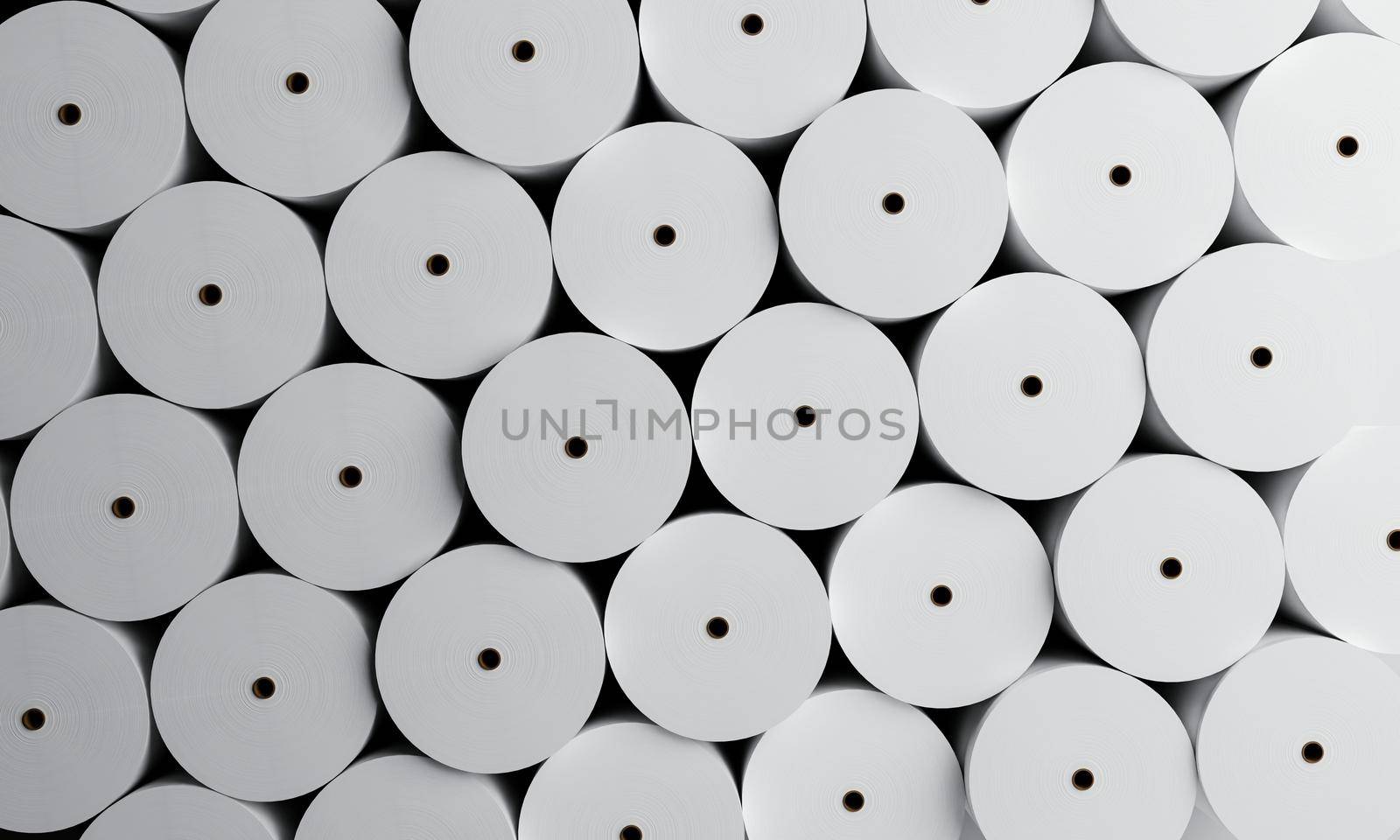 Group of white paper rolls in industrial factory for storage background. Production and manufacturing concept. 3D illustration rendering by MiniStocker