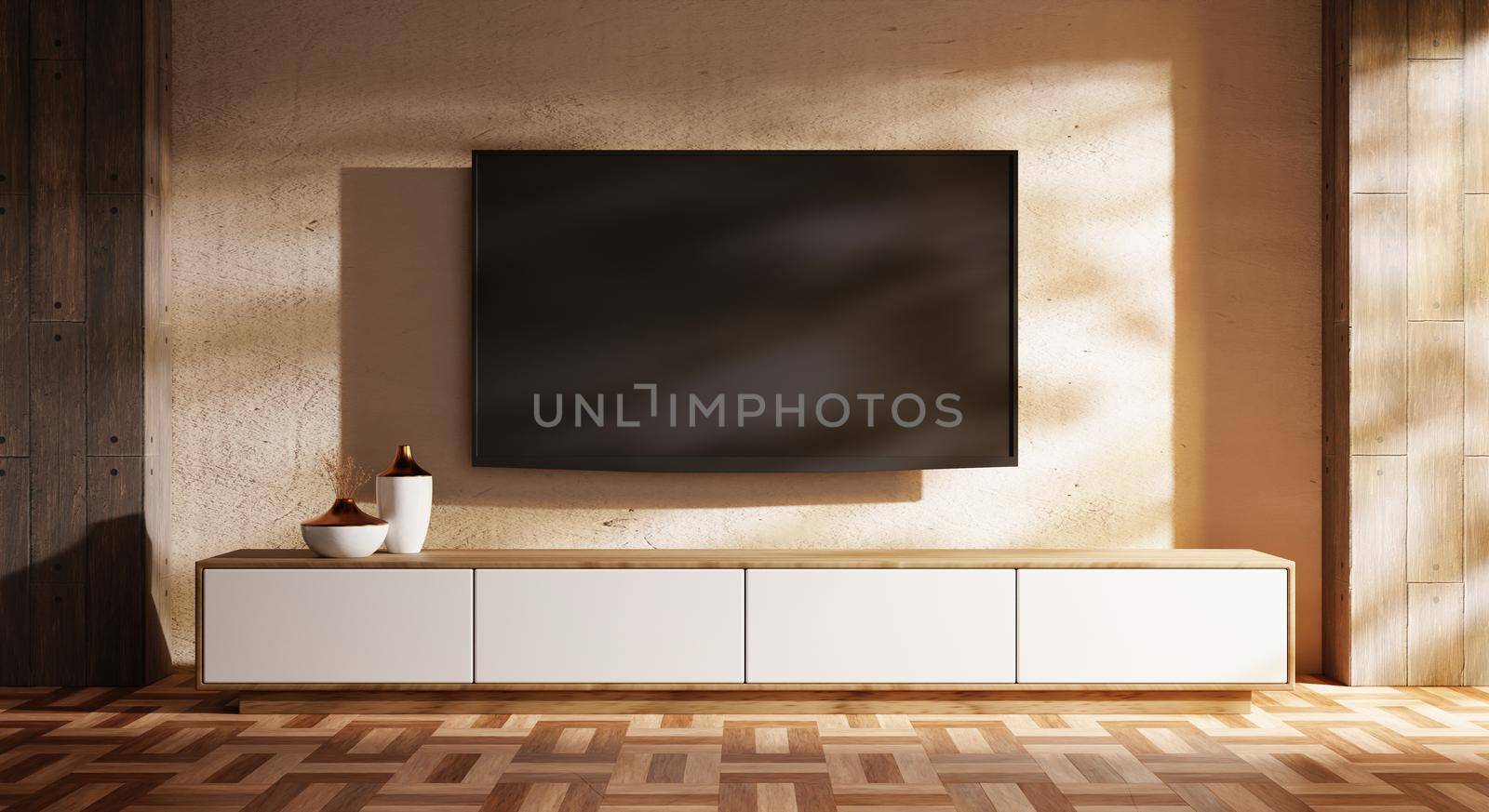 TV above wooden cabinet in modern empty room with decoration vase on wooden background. Japanese style theme. Architecture and interior concept. 3D illustration rendering