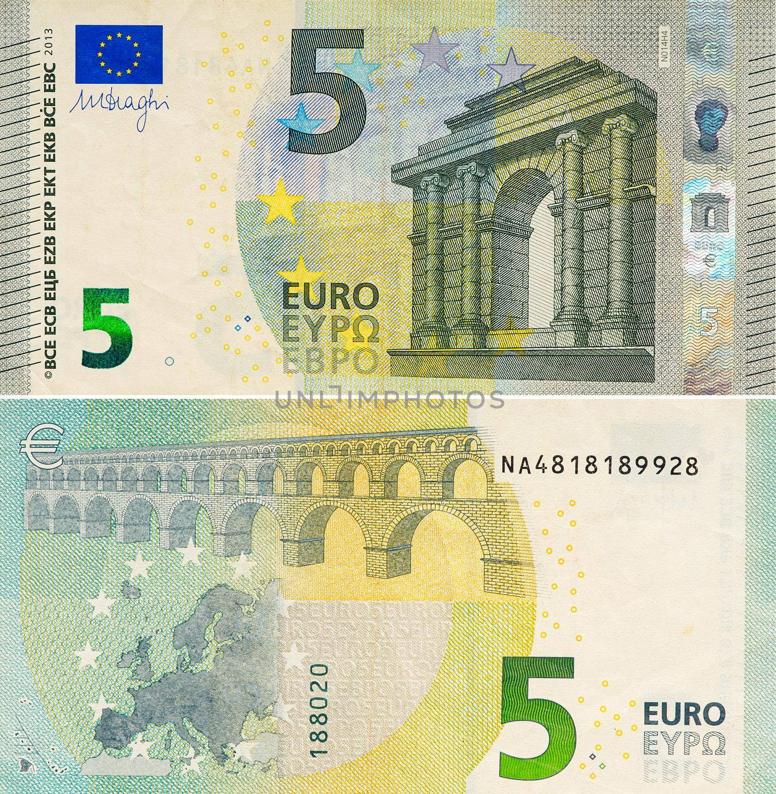One five Euro bill. 5 euro banknote close-up. The euro is the official currency of 19 out of the 27 member states of the European Union