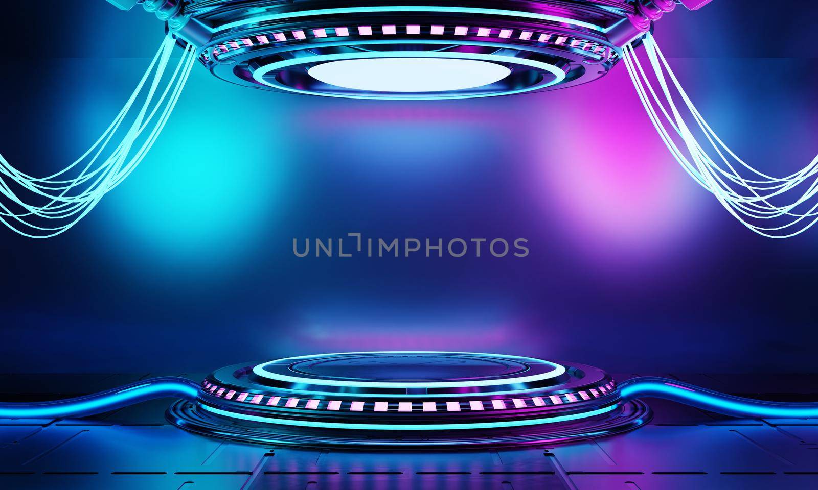 Inside spaceship laboratory with empty podium interior architecture with glowing blue and pink neon for cyberpunk product presentation. Technology and Sci-fi concept. 3D illustration rendering by MiniStocker