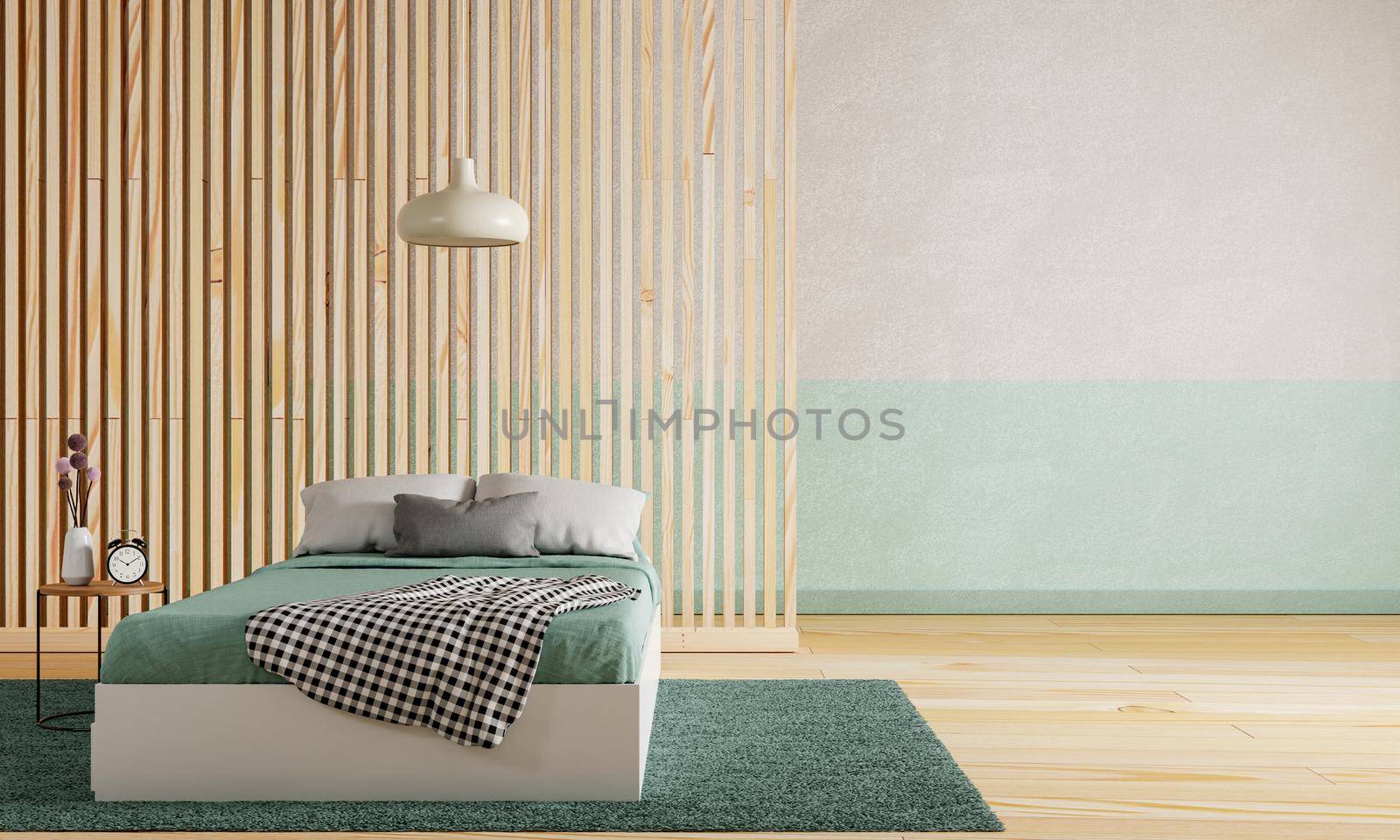 Green bedroom with wooden floor and partition wall and white green color raw concrete background. Interior and Architecture concept. 3D illustration rendering