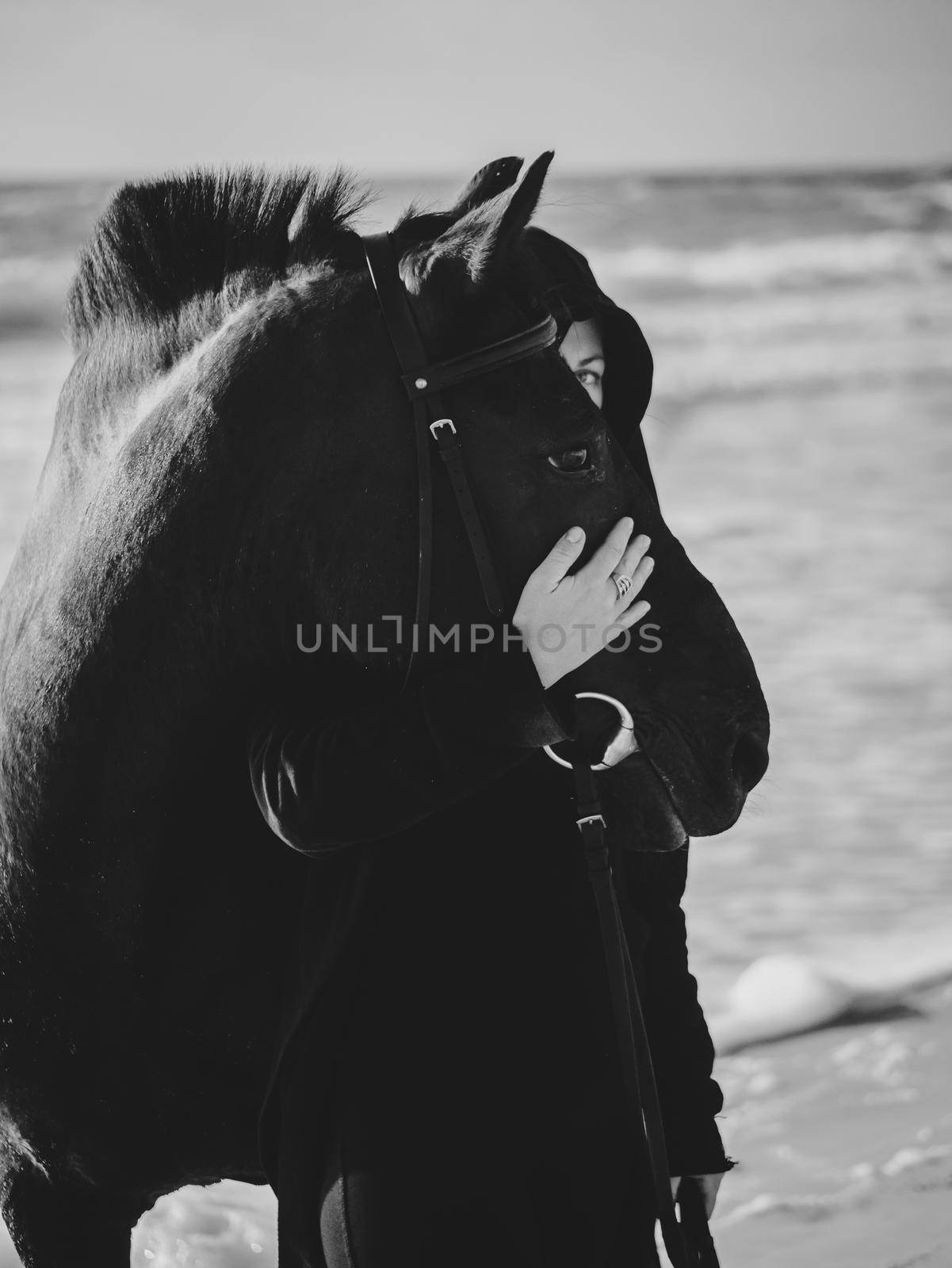 Young Blonde woman stroking and hugging horse. Beautiful lady with her black stallion on seashore enjoying nature. Love and friendship concept. Waves ocean background