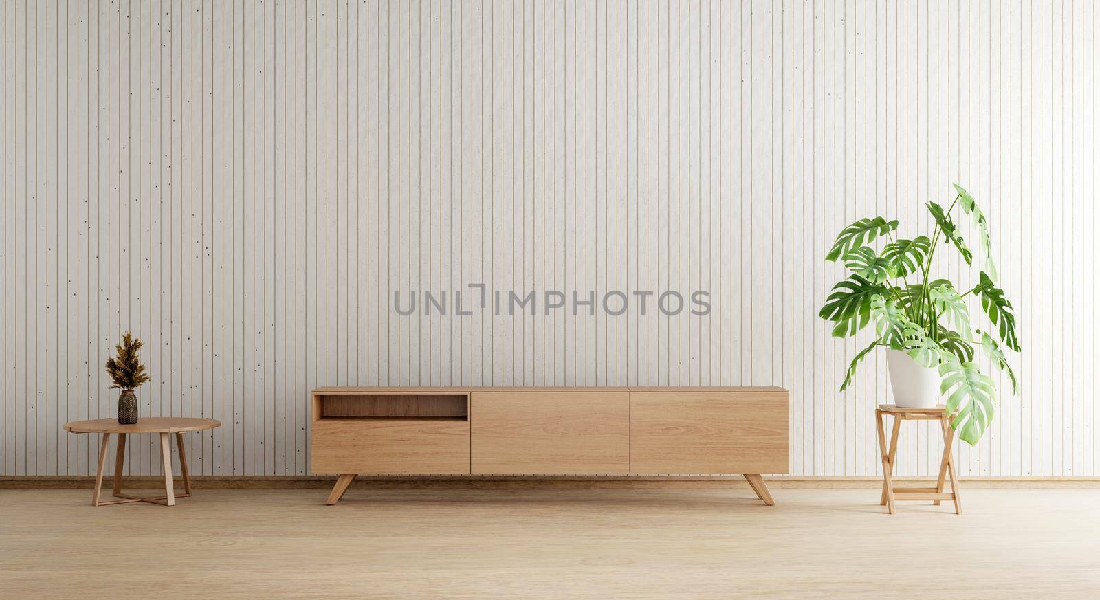 TV cabinet with empty wall wood plank plant pot and table background. Interior and architecture concept. 3D illustration rendering