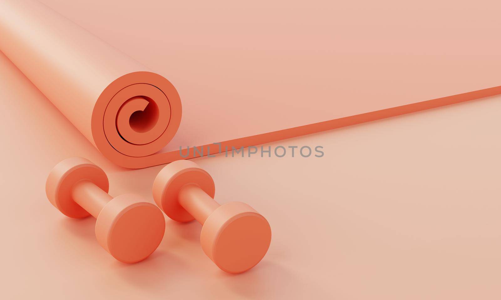 Sport fitness accessories set with yoga mat and dumbbell on pastel pink background. Fitness and sports object concept. Monocolor. 3D illustration rendering