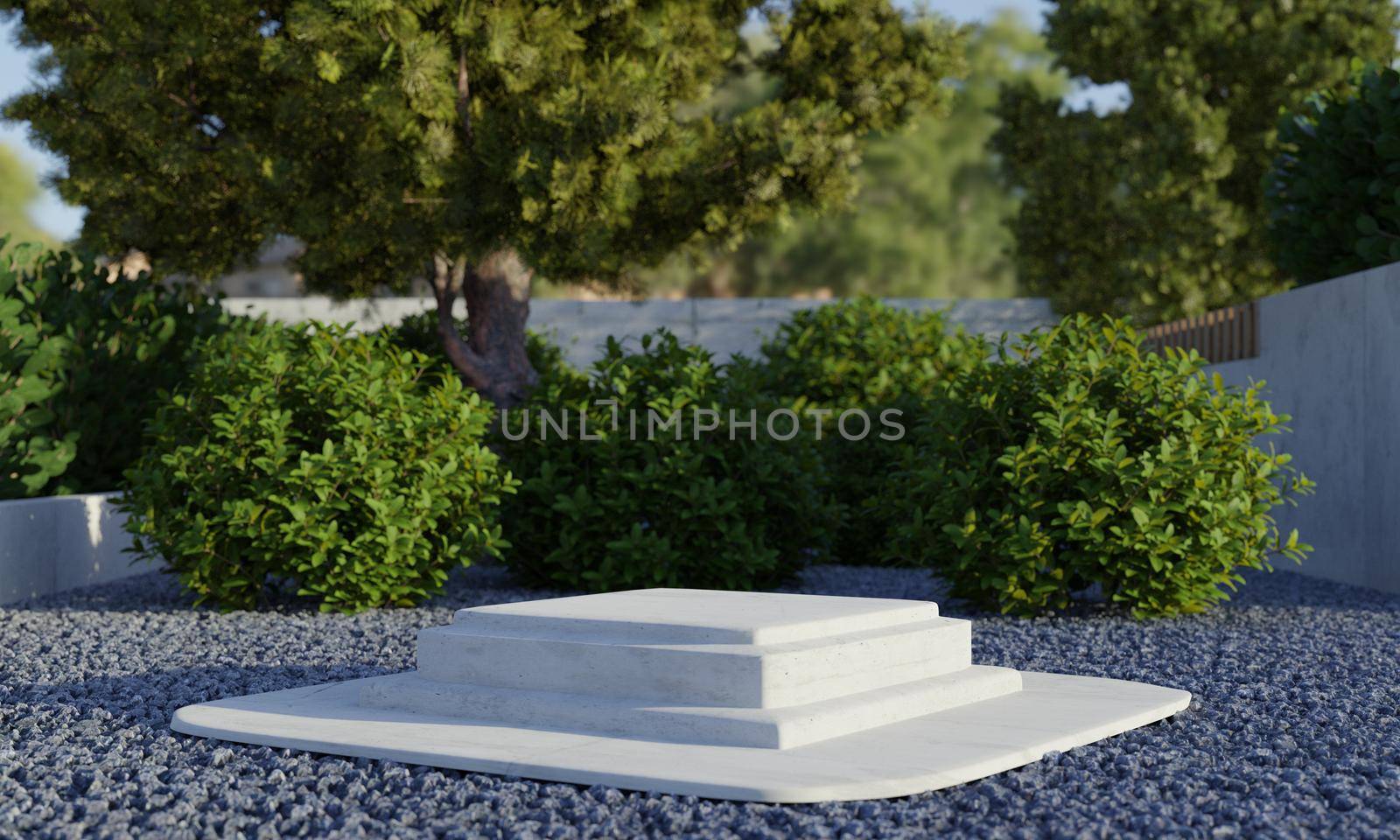 Rectangle stone podium platform with natural green trees in backyard garden with shadow background. Nature and object for advertising concept. 3D illustration rendering by MiniStocker