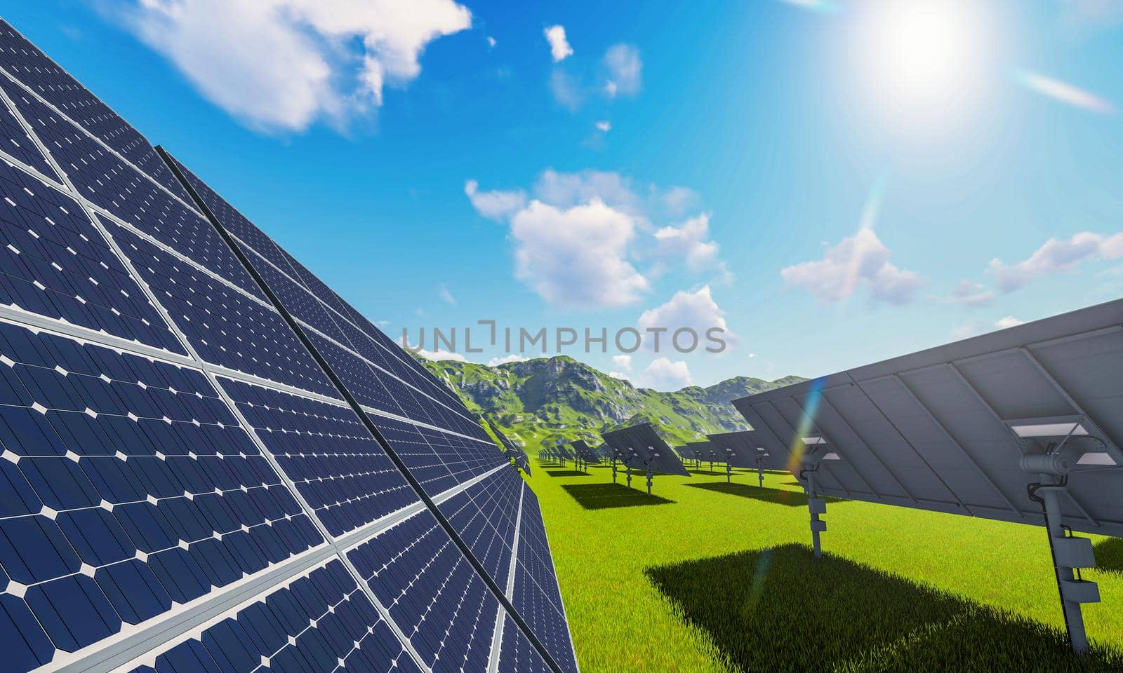 Solar power station with solar panels for producing electric power energy by green power. Technology and electrical industrial power plant concept. 3D illustration rendering
