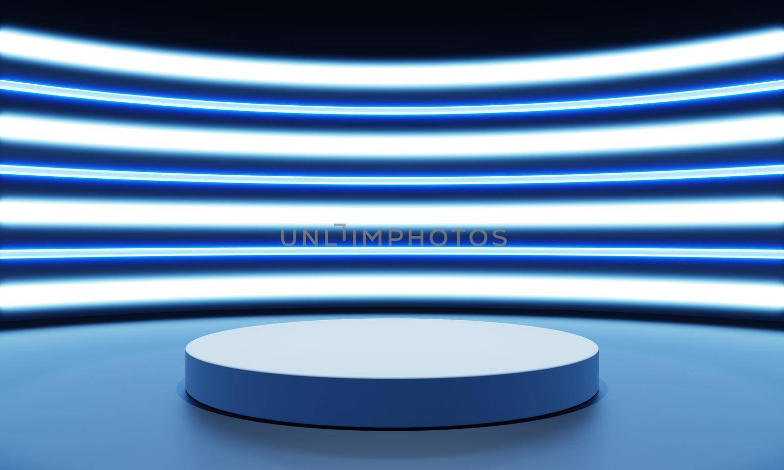Cyberpunk sci-fi product podium showcase with blue and white neon light background. Technology and object concept. 3D illustration rendering by MiniStocker