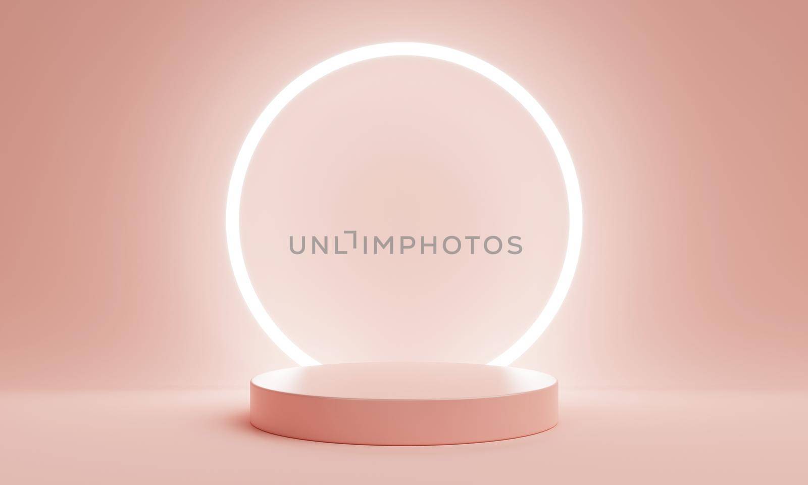 Minimal product podium stage with ring light pastel pink coral color and geometric shape for presentation background. Abstract background and decoration scene template. 3D illustration rendering