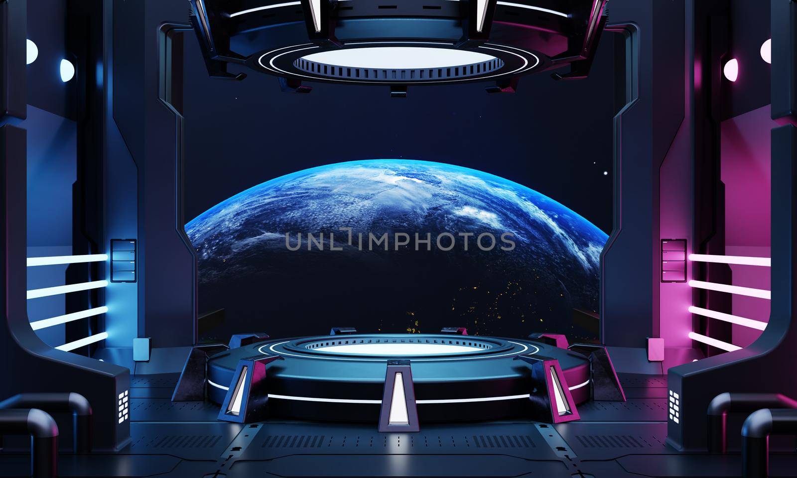 Sci-fi product podium showcase in empty spaceship room with blue earth background. Cyberpunk blue and pink color neon space technology and entertainment object concept. 3D illustration rendering