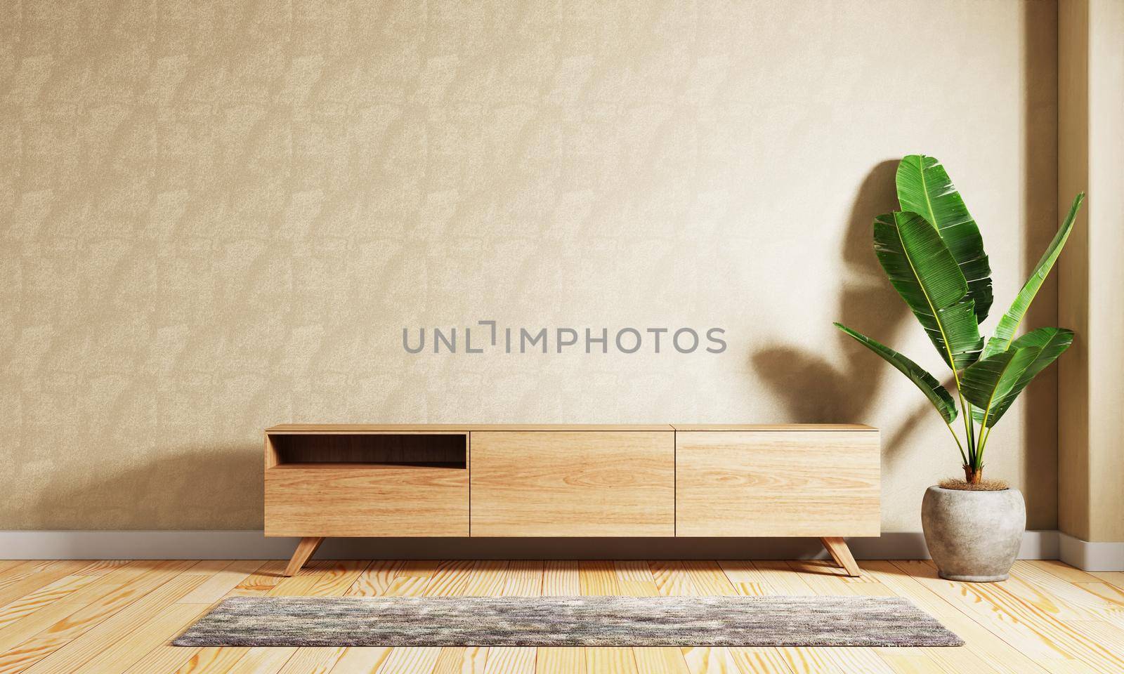 Wooden cupboard cabinet on the middle of modern living room with raw concrete wall background. Interior and Architecture concept. 3D illustration rendering