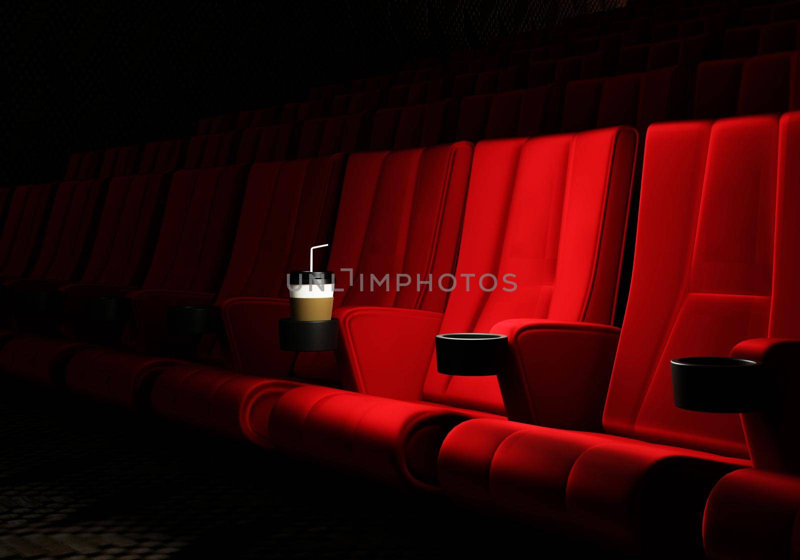 Rows of red velvet seats watching movies in the cinema with copy space banner background. Entertainment and Theater concept. 3D illustration rendering by MiniStocker