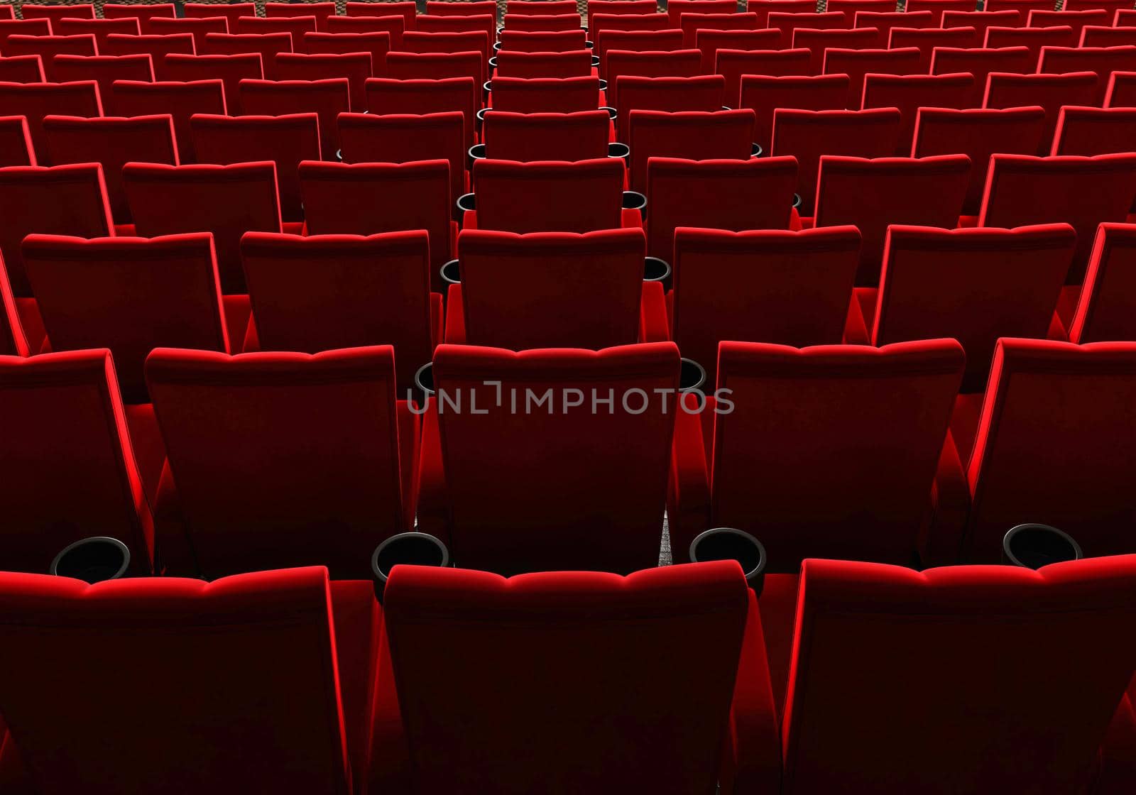 Rows of red velvet seats watching movies in the cinema with copy space banner background. Entertainment and Theater concept. 3D illustration rendering
