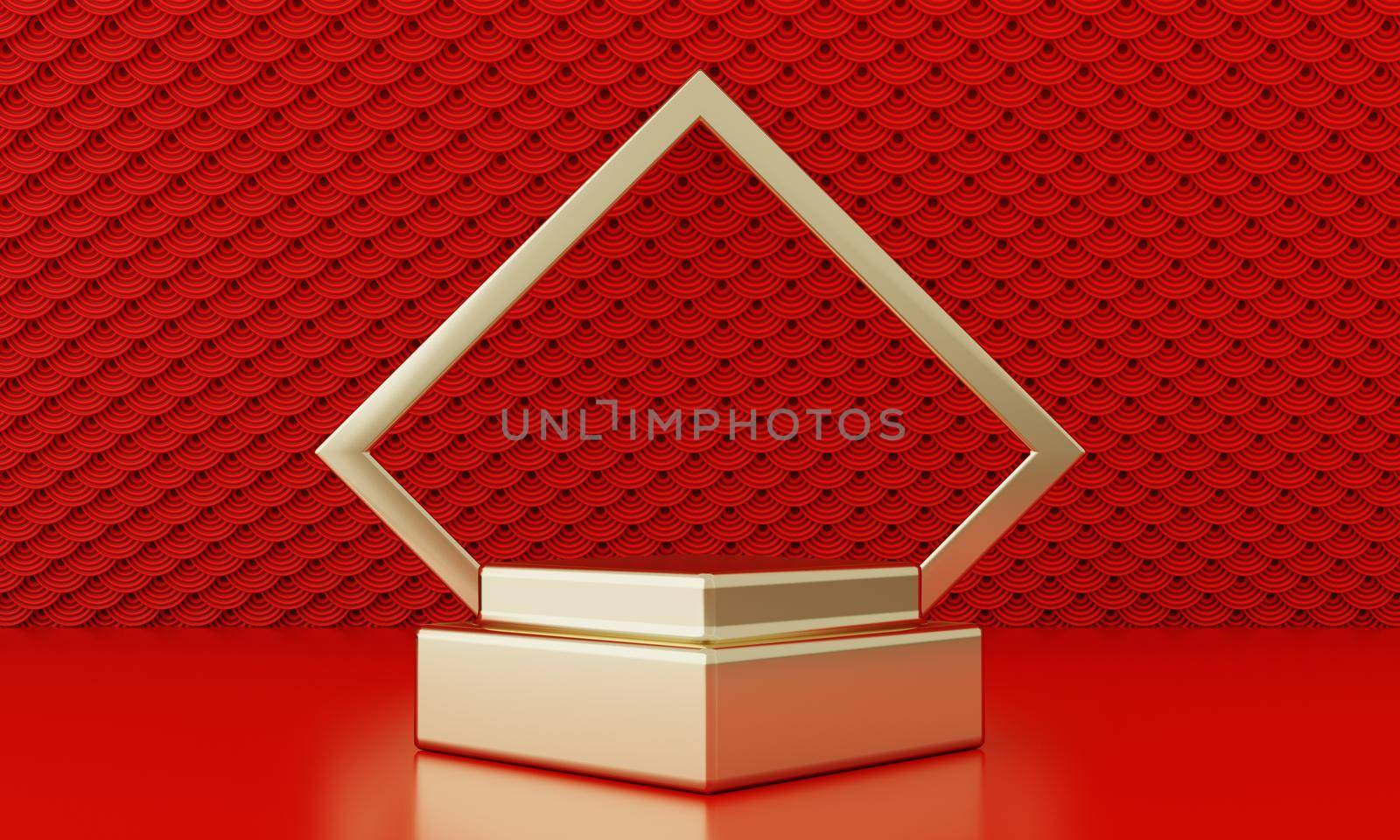 Chinese New Year red modern style one podium product showcase with golden ring frame Japanese style pattern background. Happy holiday traditional festival concept. 3D illustration rendering by MiniStocker