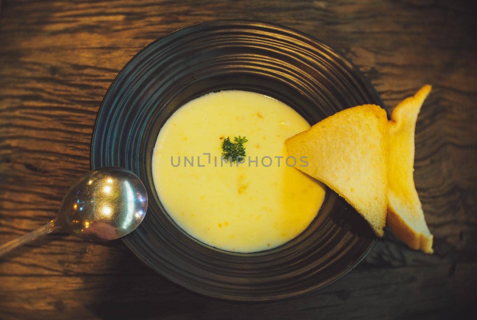 Corn and parsley soup .  a warming meal. with fresh  bread.