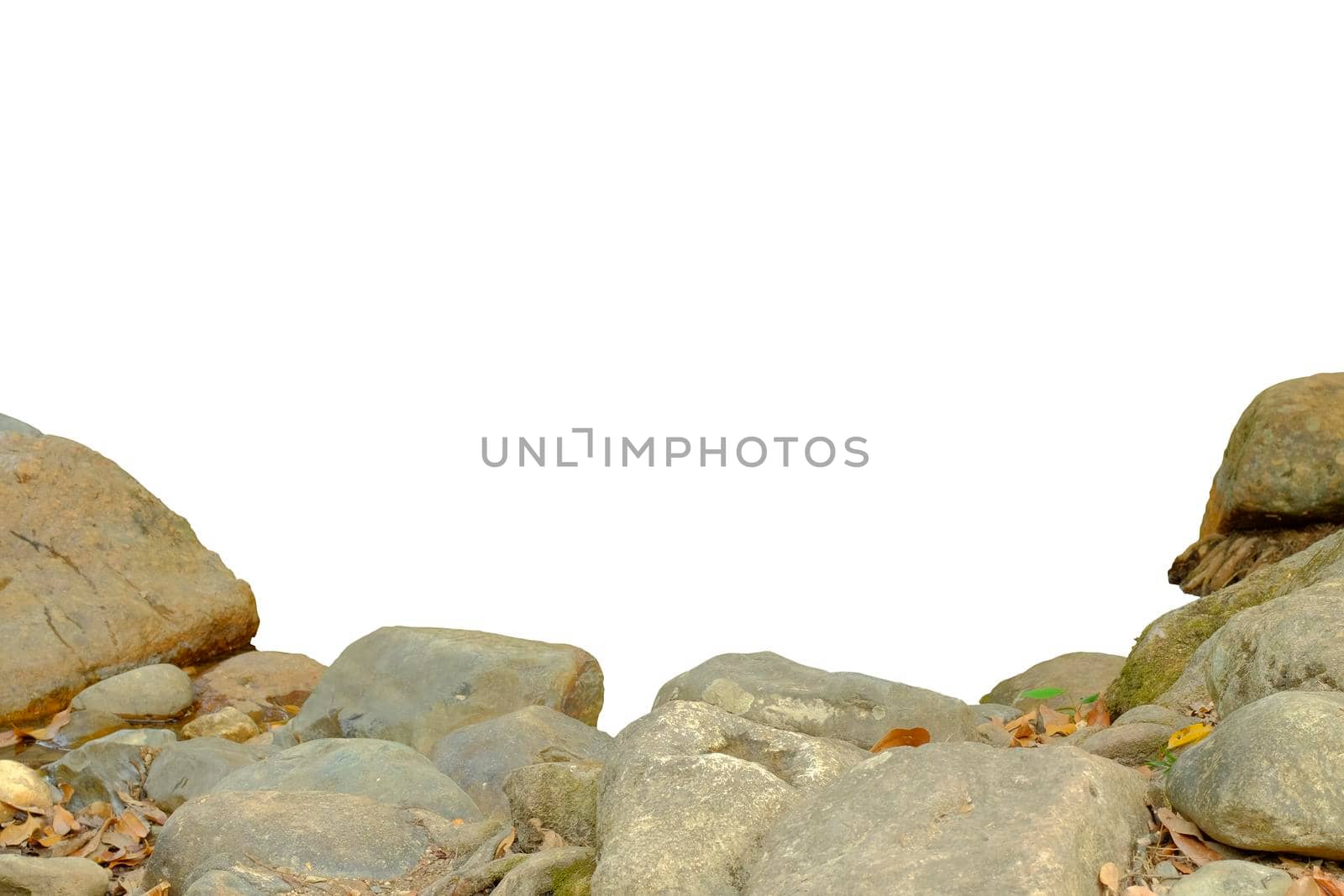 Rock or cobblestone foreground garden close-up isolated on white background with clipping path by Petrichor