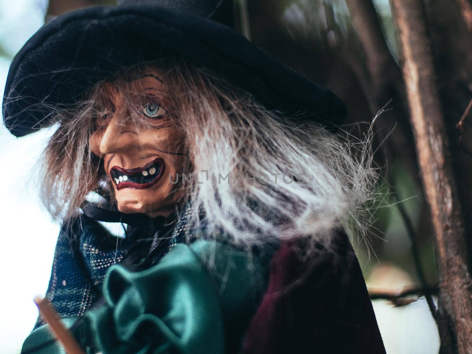 Evil witch on nature dark background, closeup portrait of old lady with terrifying makeup, Halloween background