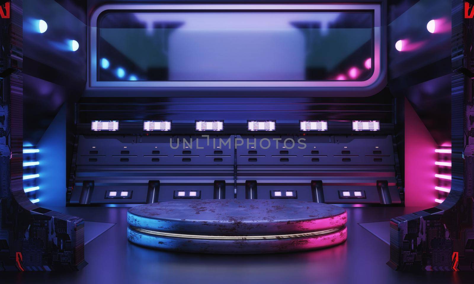 Cyberpunk sci-fi product podium showcase in empty spaceship room with blue and pink background. Cosmos space technology and entertainment object concept. 3D illustration rendering by MiniStocker