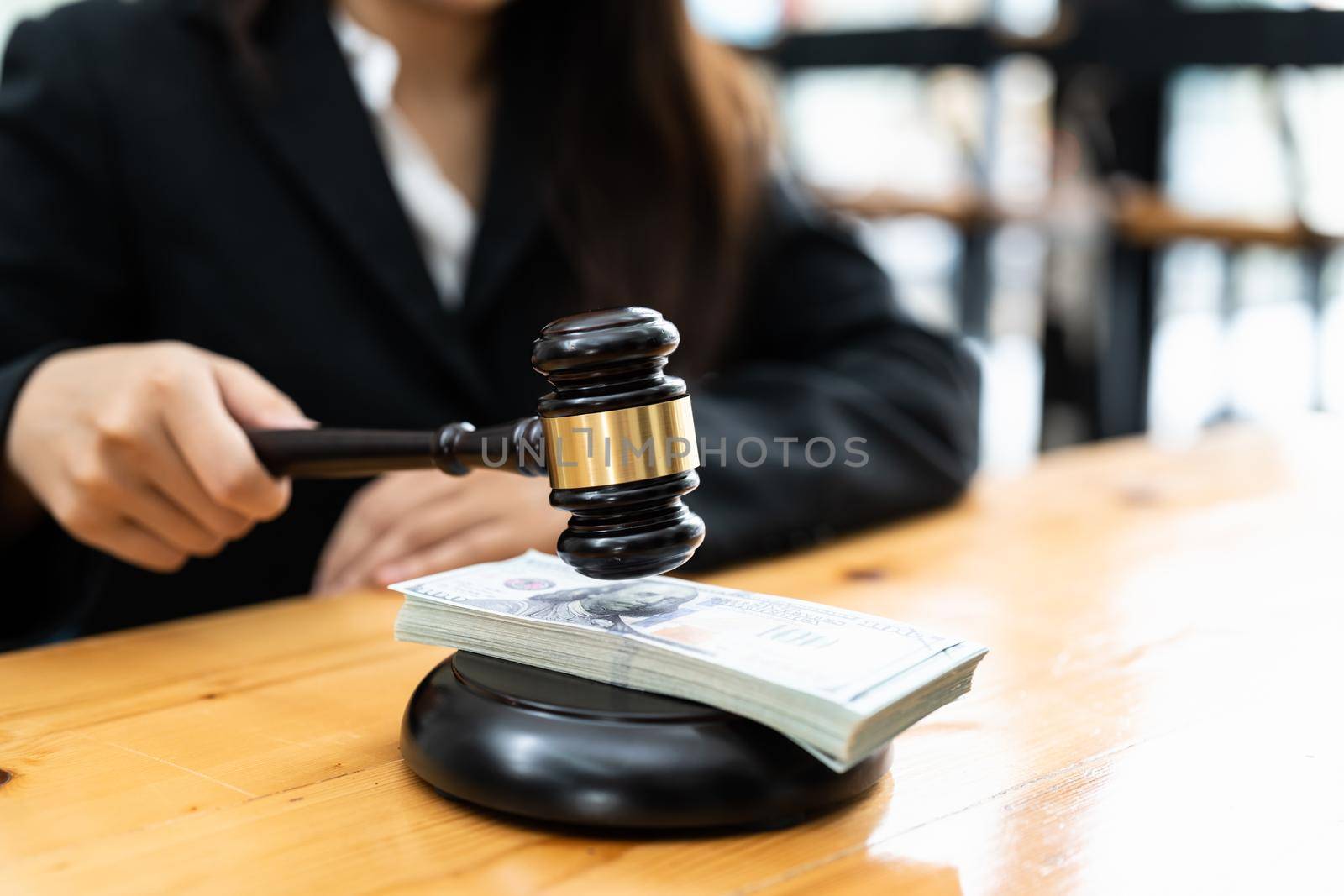Judges Or Auctioneer Gavel On The Dollar Cash Background, Concept For Corruption, Bankruptcy, Auction Bidding, Fines.