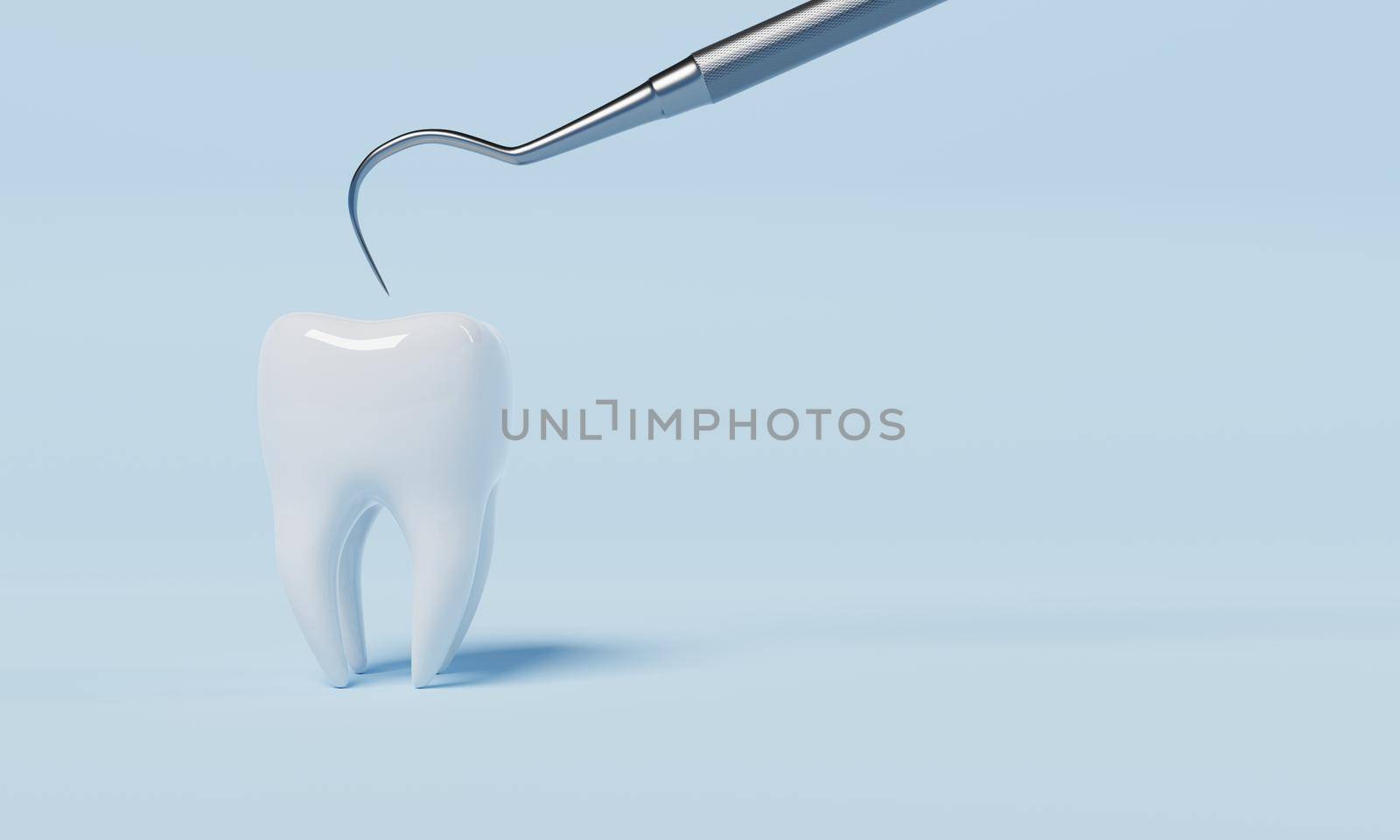 Tooth healthy check with dental inspection hook on blue background. Health care and medical concept. 3D illustration rendering by MiniStocker
