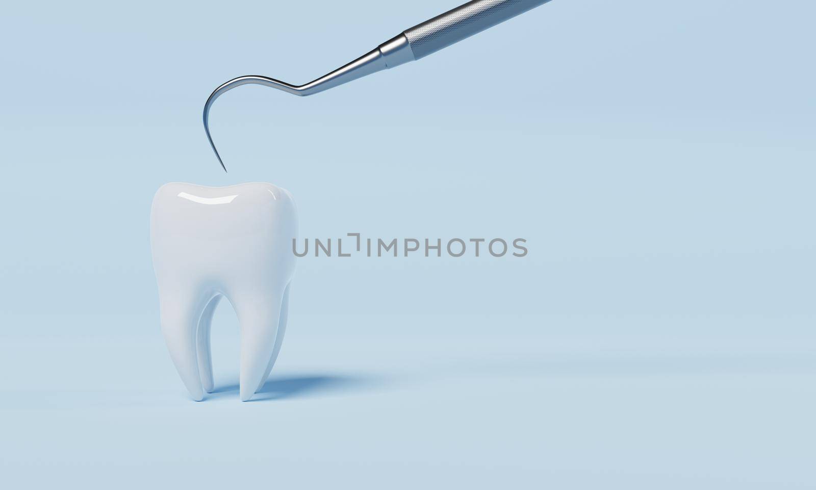 Tooth healthy check with dental inspection hook on blue background. Health care and medical concept. 3D illustration rendering