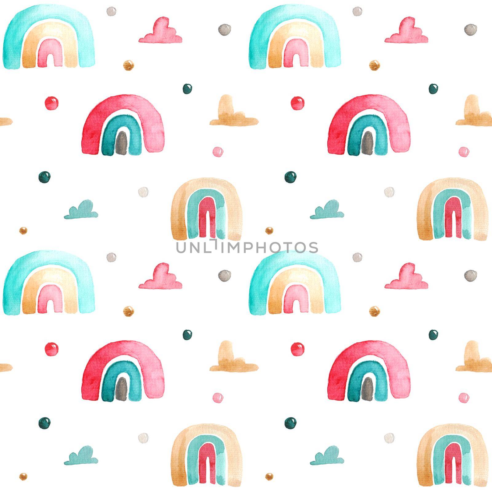 Watercolor seamless pattern on a children's theme. Pattern with rainbows and clouds. Shades of pink, yellow, blue. Possible use of the print on fabrics, children's clothing, wallpaper, stationery.