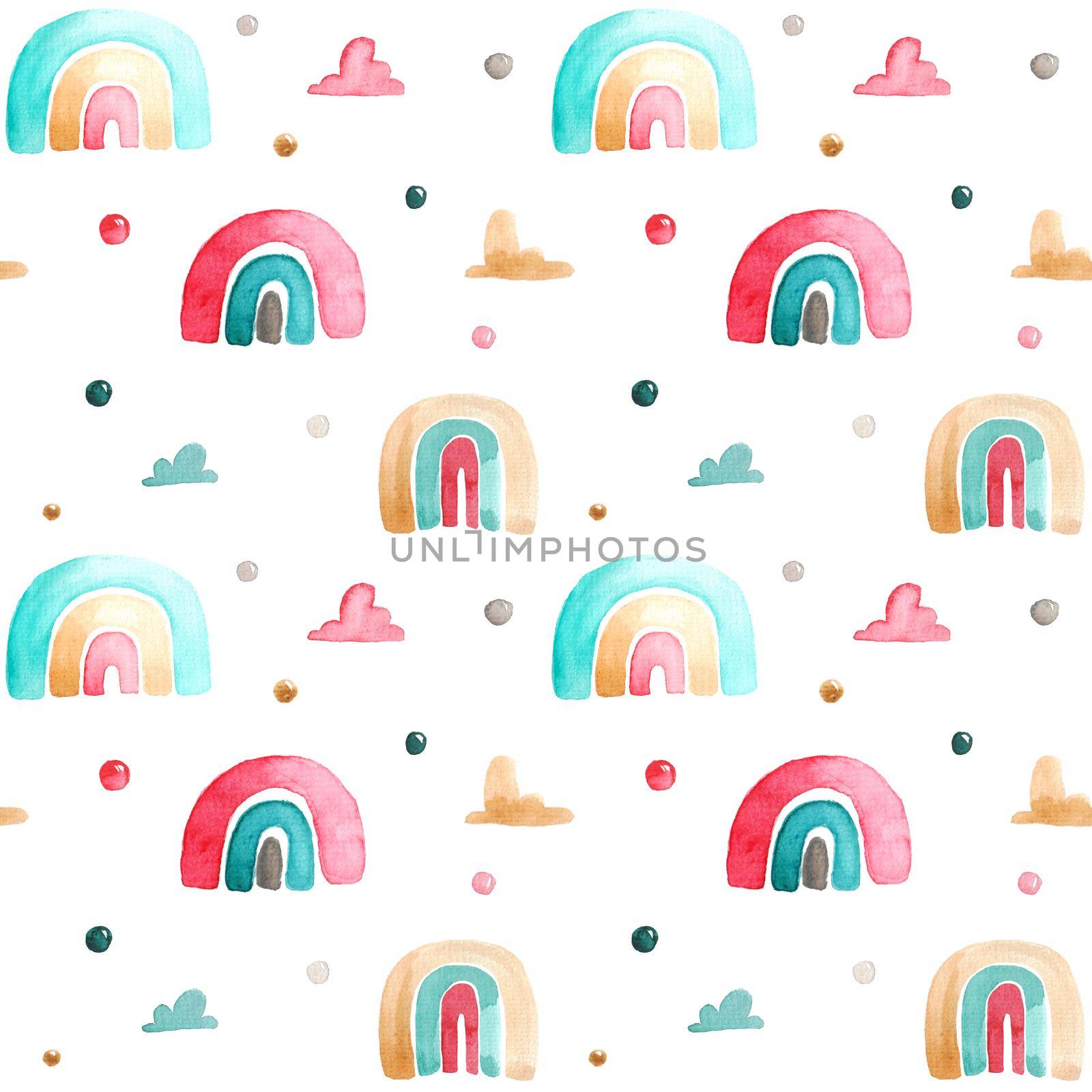 Watercolor seamless pattern on a children's theme. Pattern with rainbows and clouds. Shades of pink, yellow, blue. Possible use of the print on fabrics, children's clothing, wallpaper, stationery.