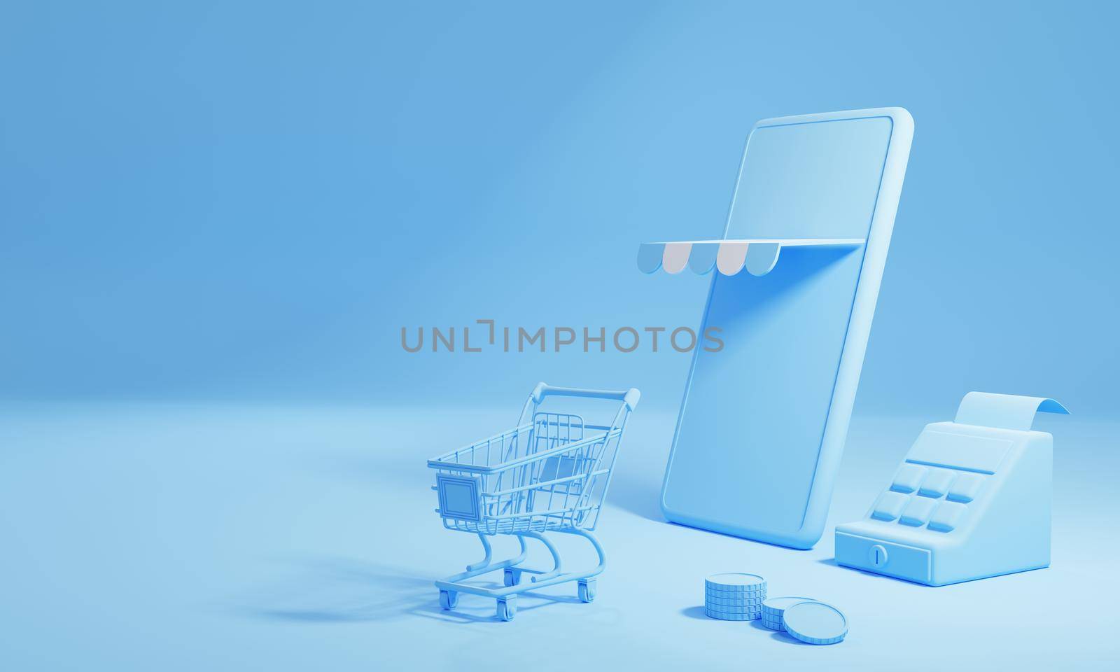 Online shopping and delivery concept with copy space on blue background. Business and delivery E-commerce store. 3D illustration rendering by MiniStocker