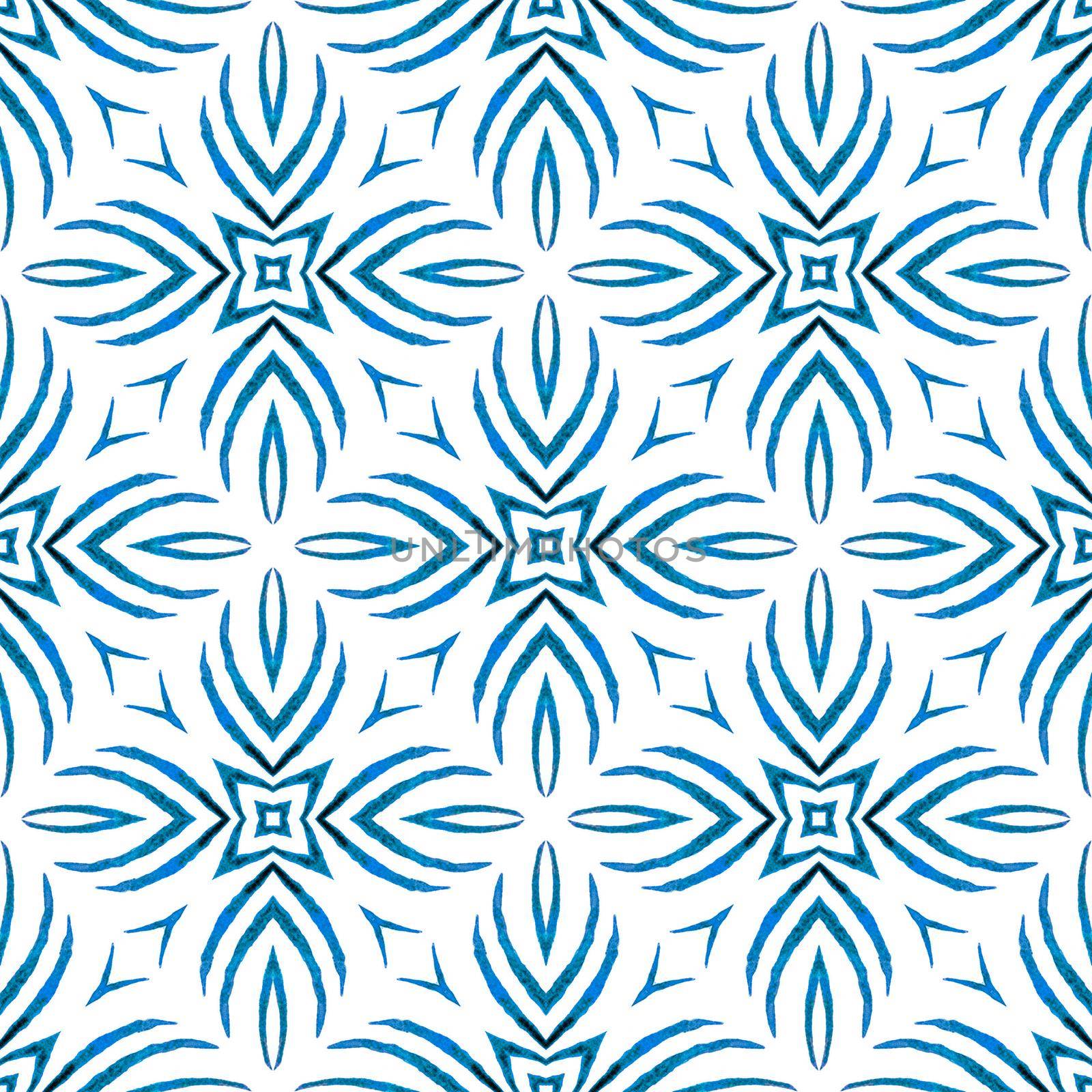 Textile ready ravishing print, swimwear fabric, wallpaper, wrapping. Blue extraordinary boho chic summer design. Oriental arabesque hand drawn border. Arabesque hand drawn design.