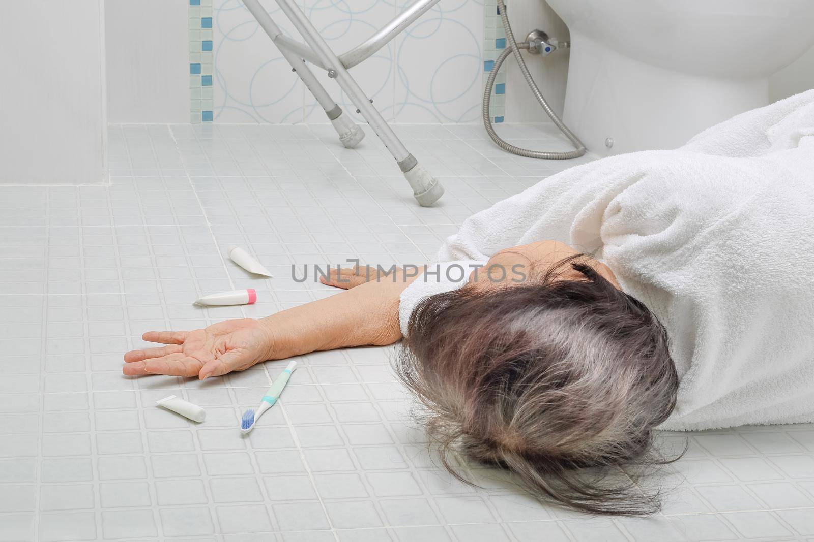 Elderly woman falling in bathroom because slippery surfaces by toa55