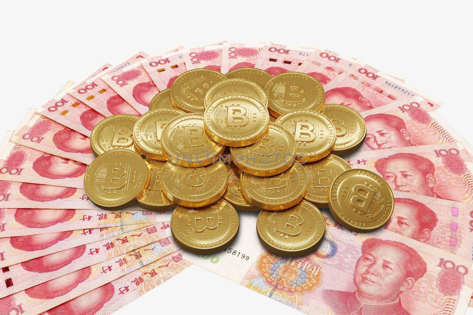 Bitcoin Digital Currency on Yuan banknote, 3d rendering