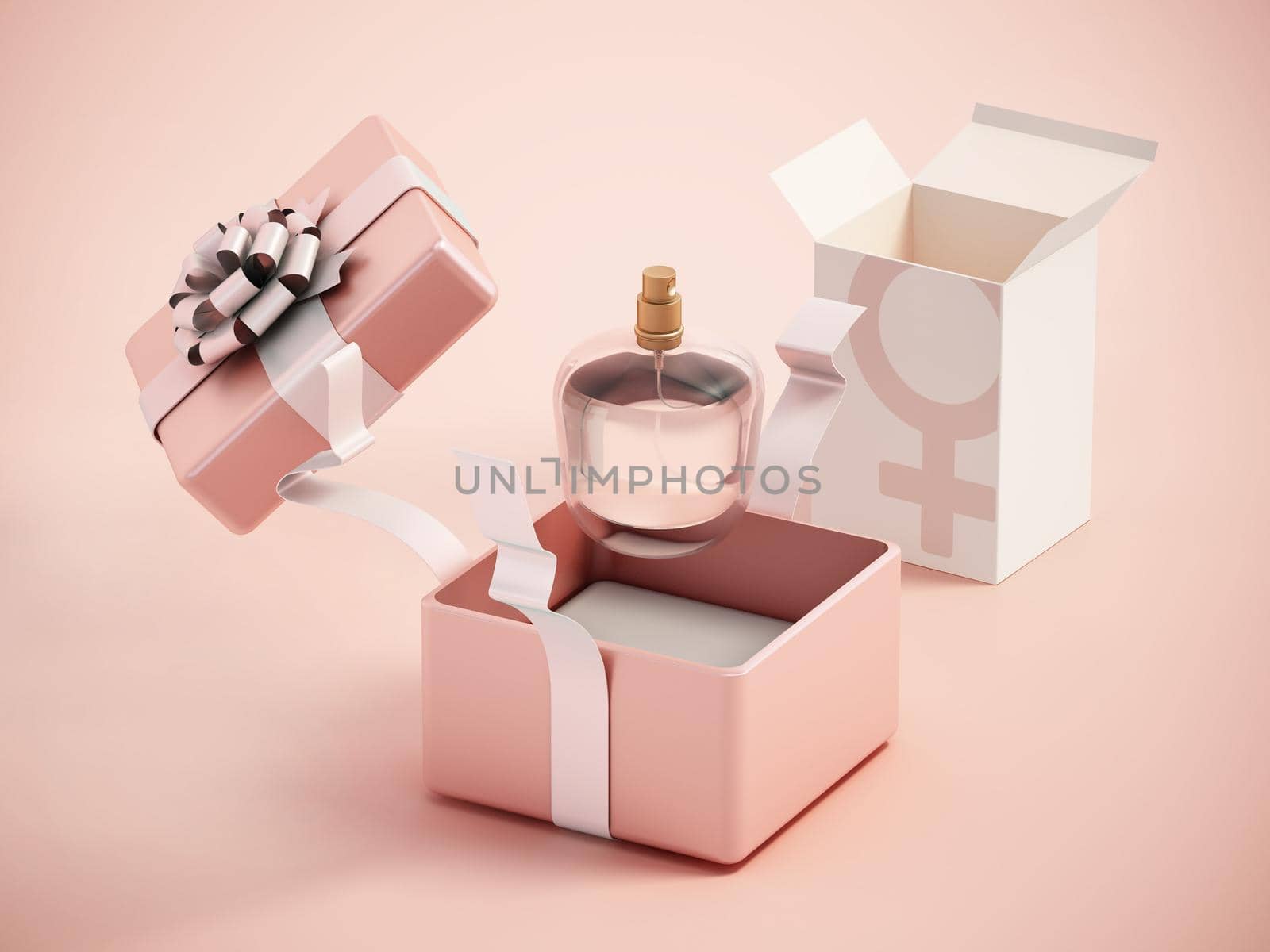 Perfume bottle inside elegant giftbox. 3D illustration.