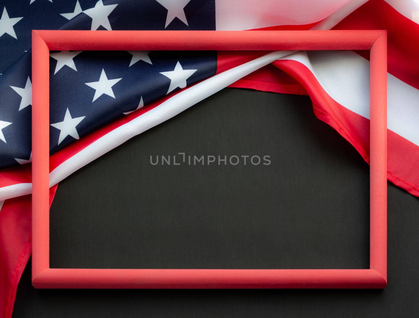 Flag of USA on black background with copy space in red frame. Concept of the patriotic holidays: presidents, mlk, independence, memorial, veteran, labor, columbus.