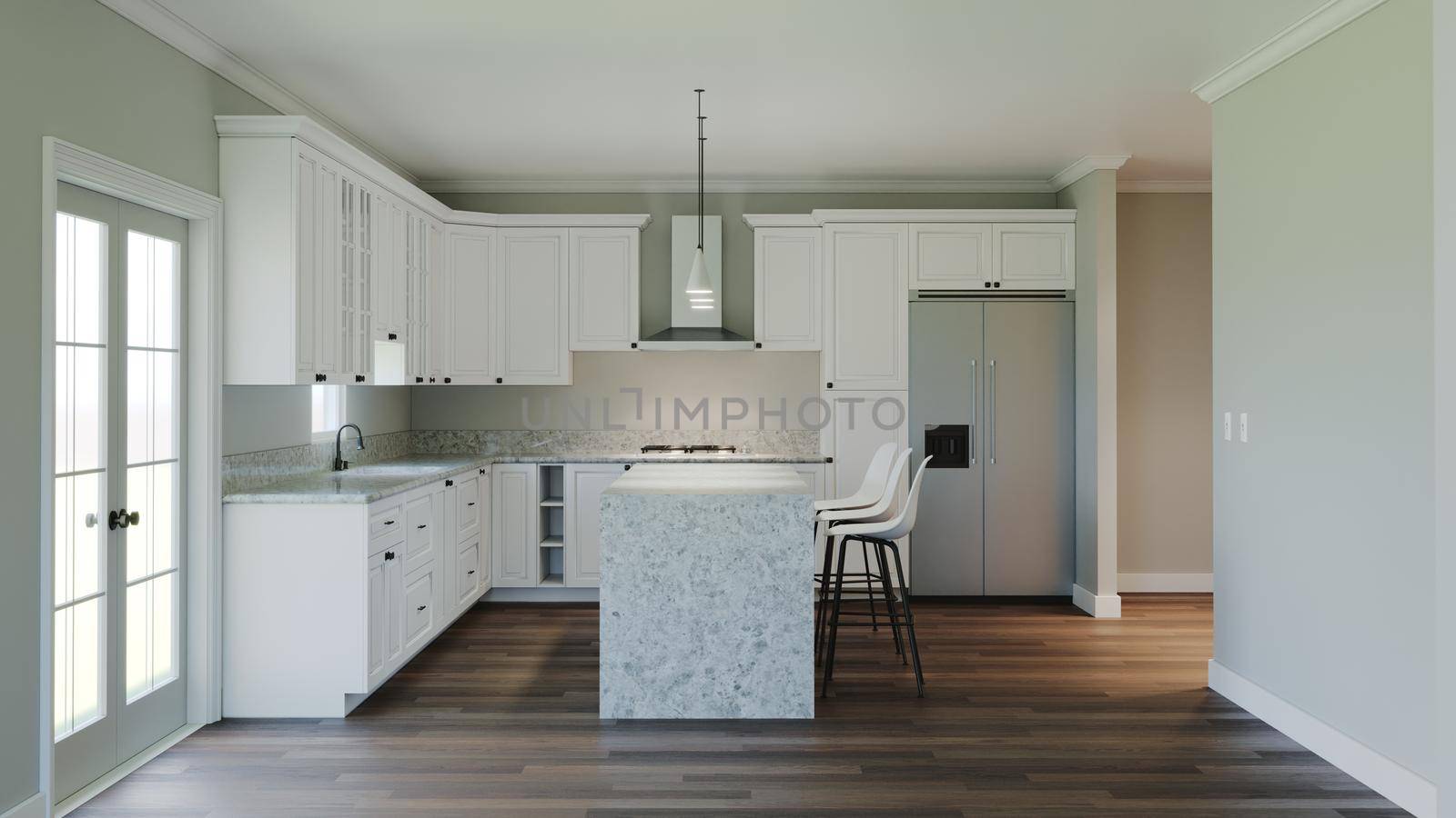 3d rendering of an interior with a white kitchen. The interior is in pastel light colors. New house.