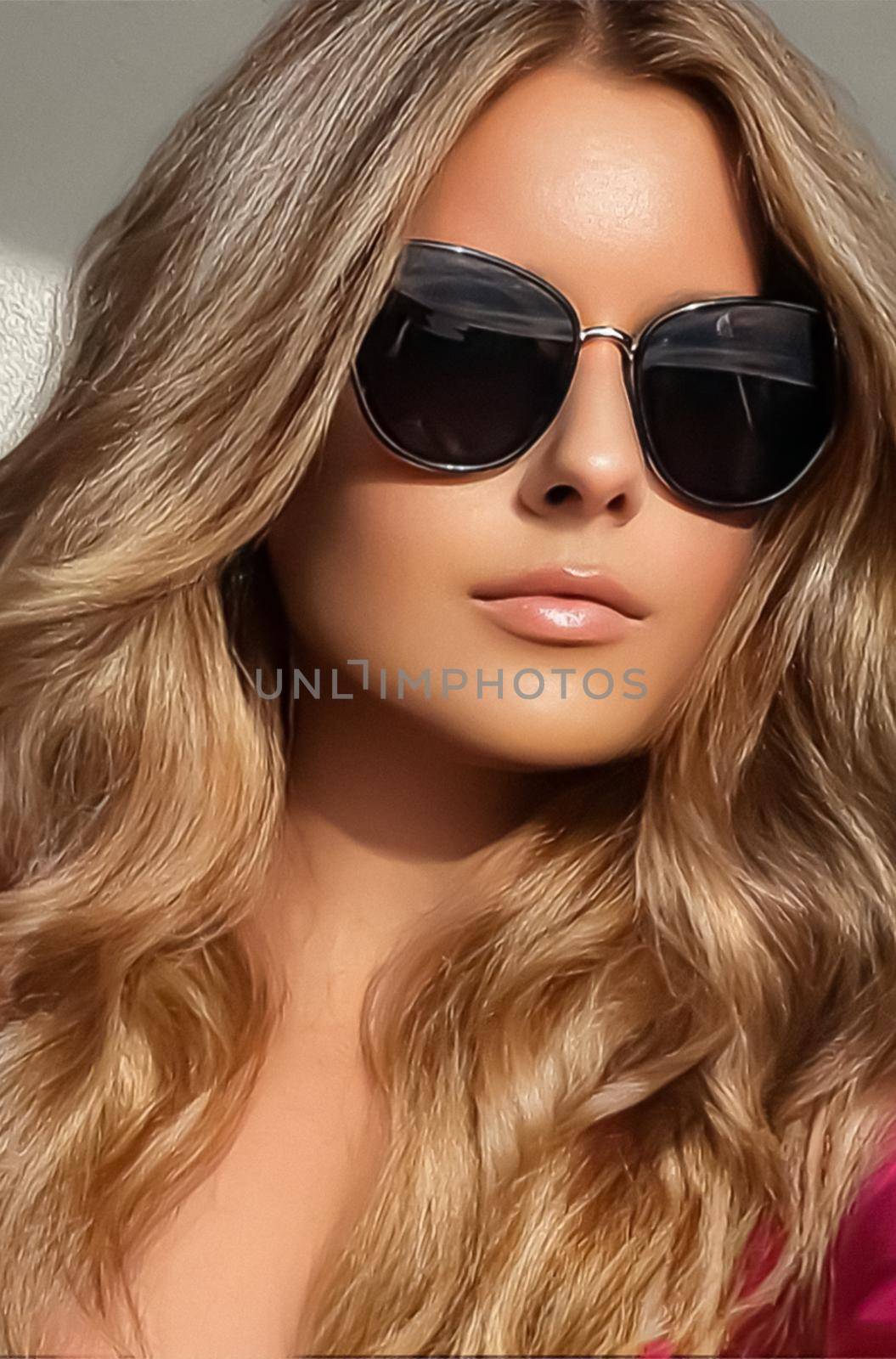 Luxury fashion, travel and beauty face portrait of young blonde woman, wearing chic sunglasses, suntanned skin and long beach waves hairstyle, summer accessory and glamour style by Anneleven