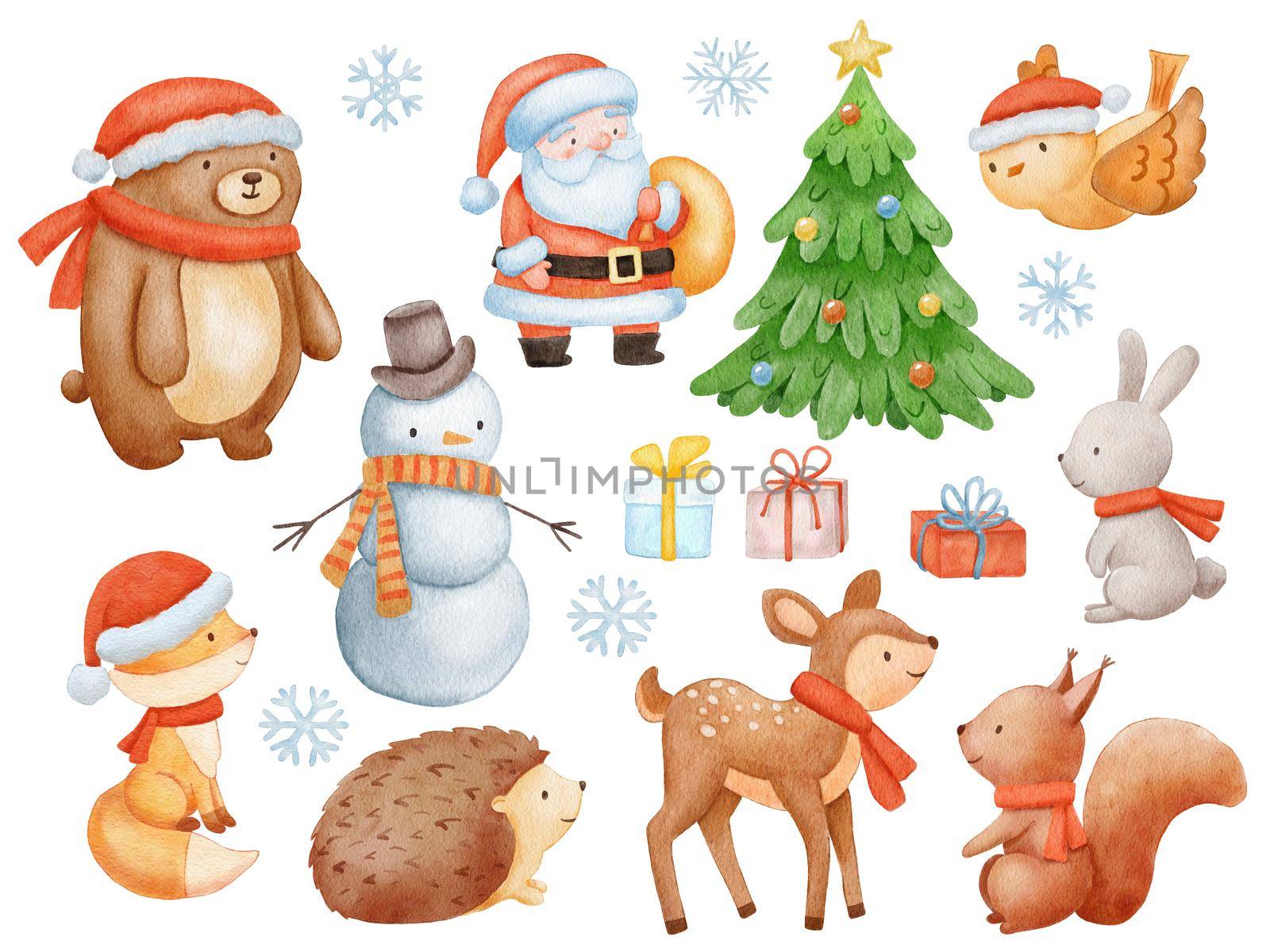 Cute Santa Claus, deer, bear and snowman. Set of Watercolor Christmas illustrations isolated on white. by ElenaPlatova