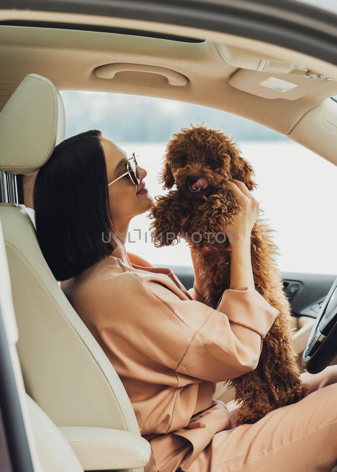 Young brunette woman happy owner of redhead dog toy poodle, adult girl sitting inside car with her four paws pet