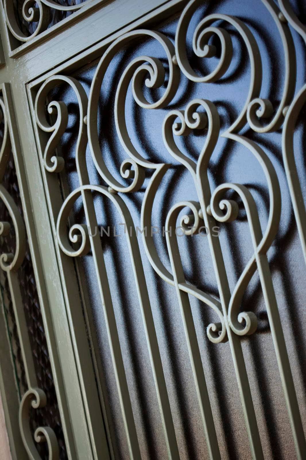Close up of a wrought iron door on a facade