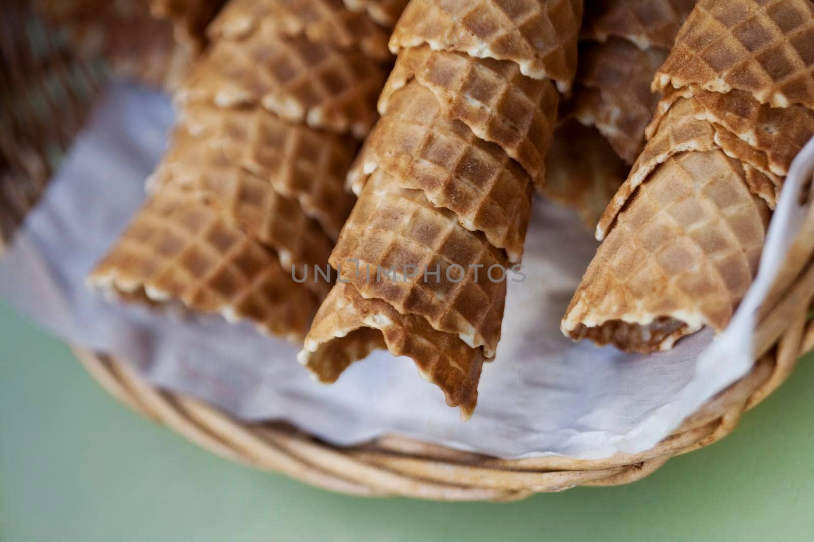Ice cream cones on a wicker basket