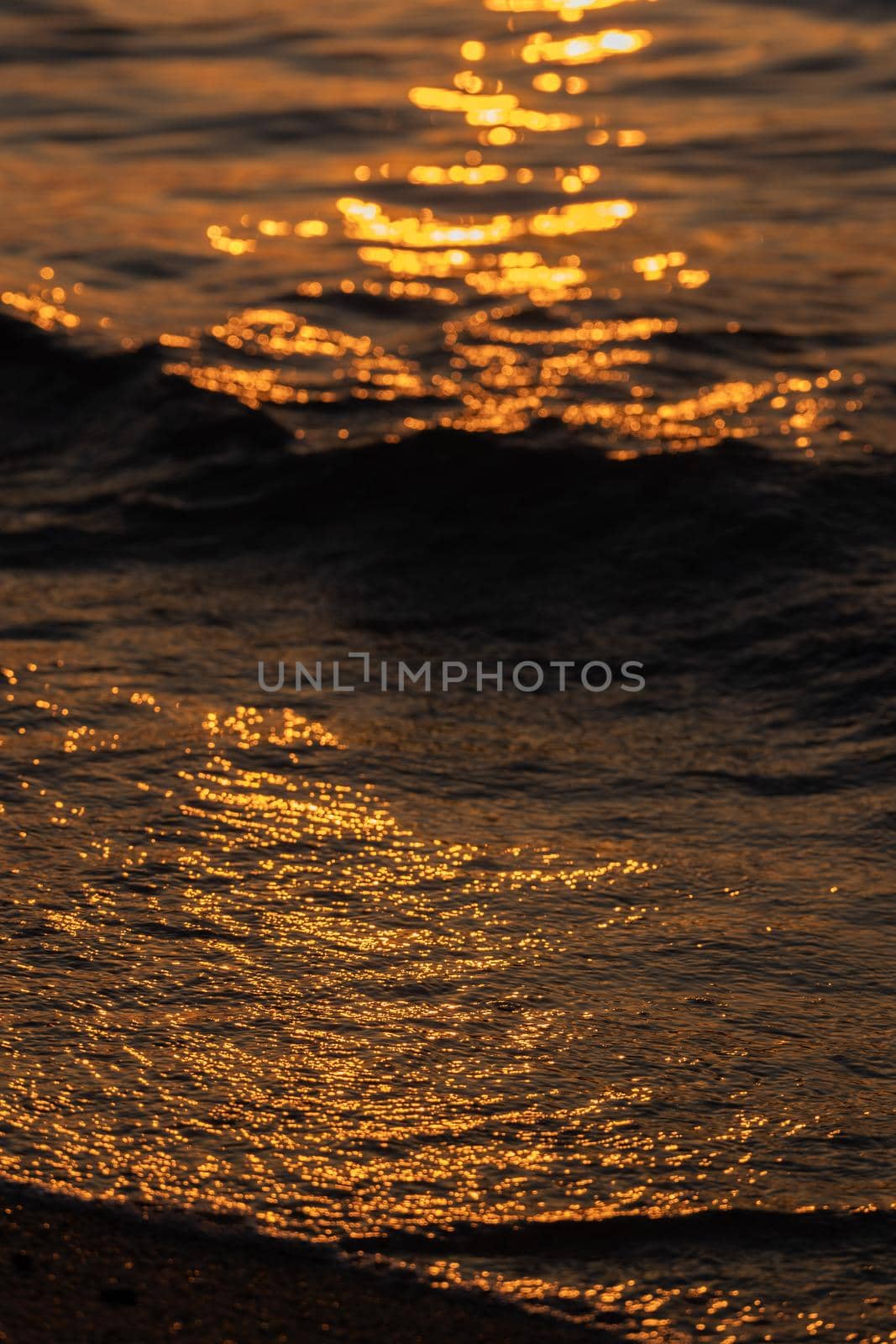 Ripple sea ocean water surface with golden sunset light. Sea waves close up