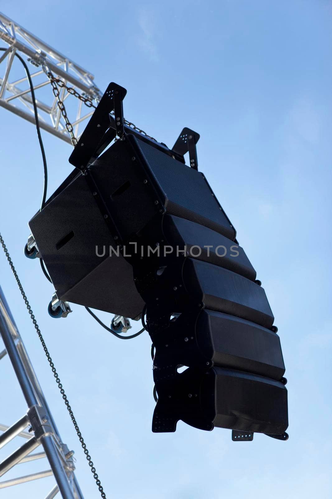 Loudspeaker in front of a stage for a music festival