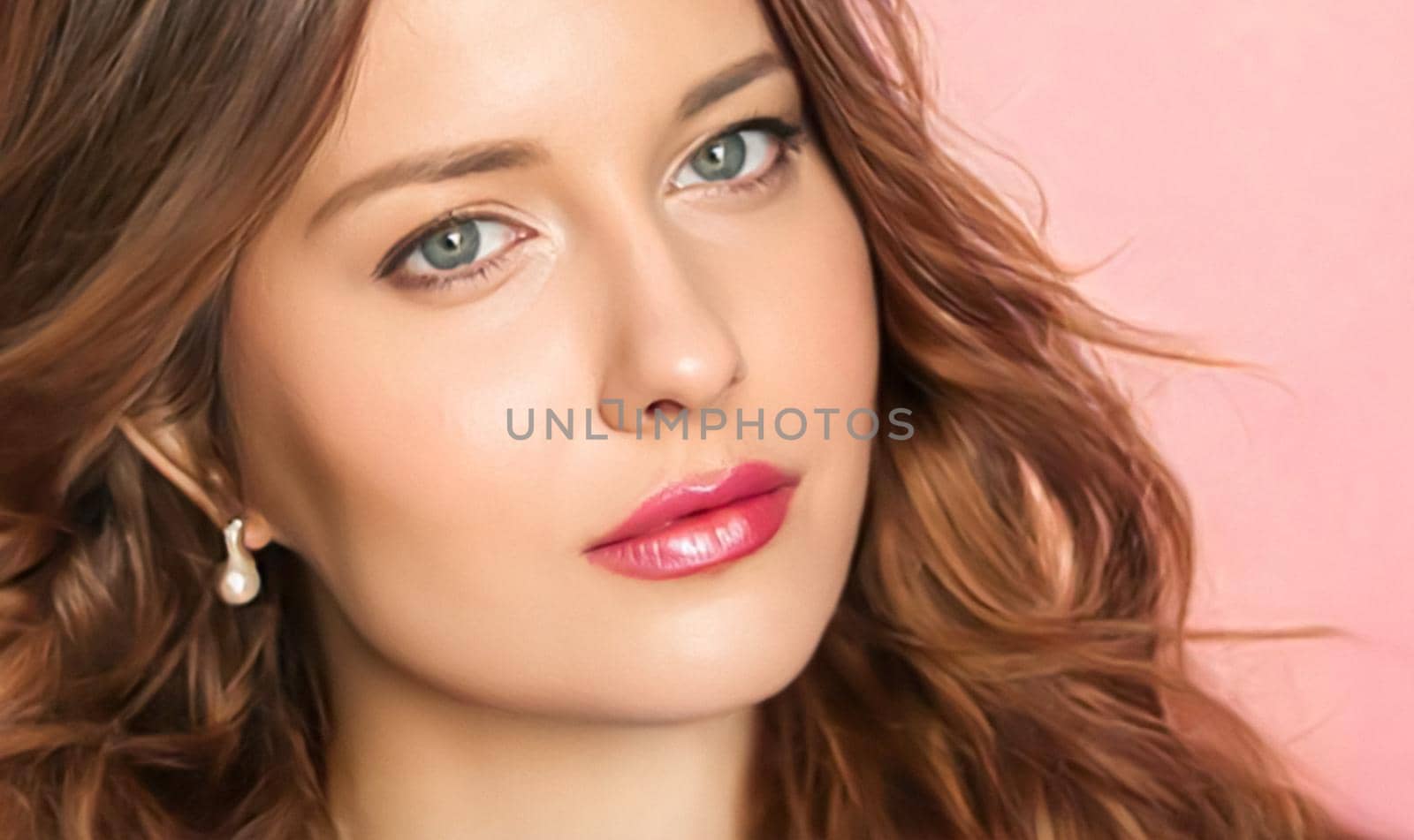 Beauty face portrait, beautiful woman with long wavy hairstyle and chic make-up on pink background, bridal makeup, fashion and glamour model look for skincare, cosmetics and hair care concept