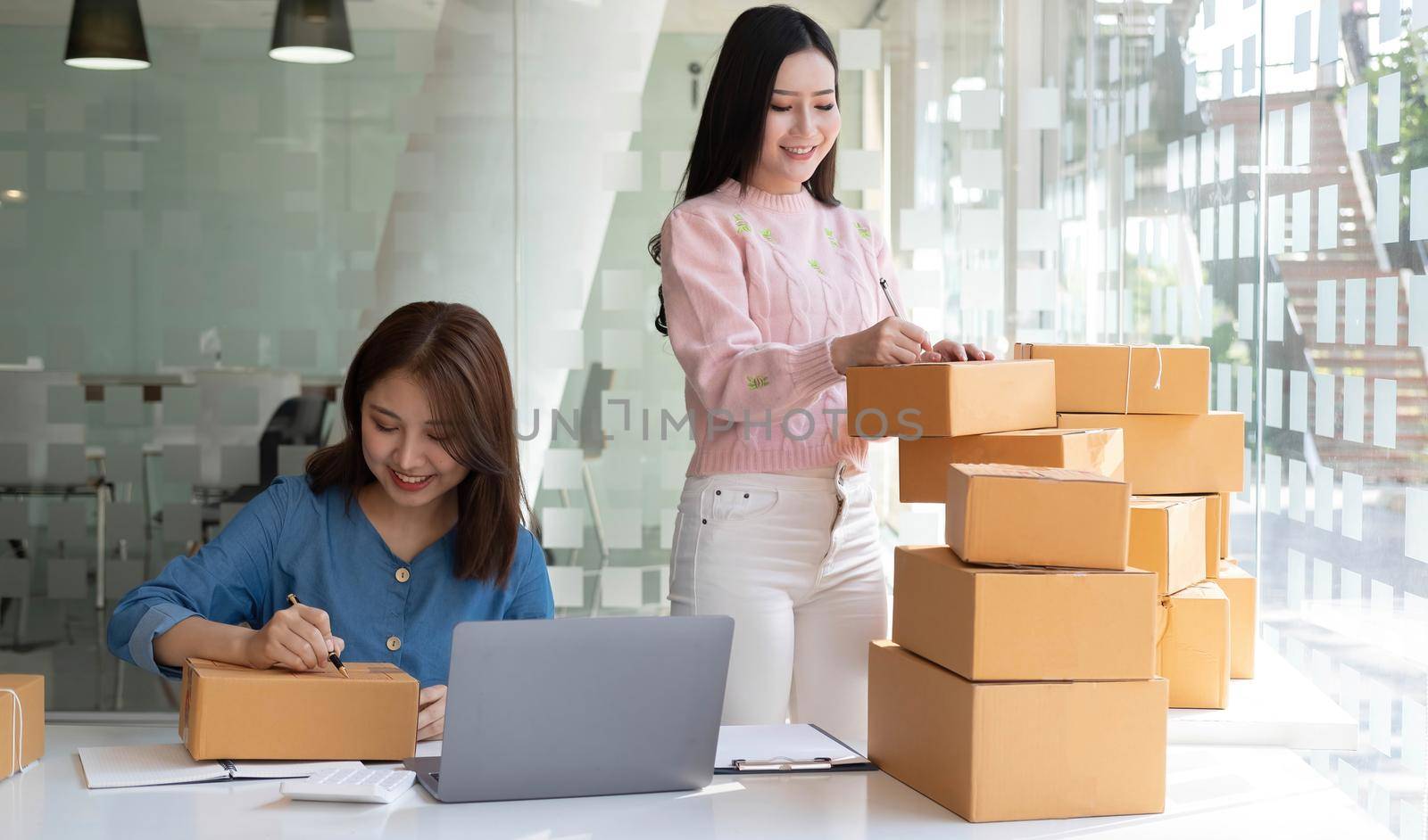 Portrait of Starting small businesses SME owners, two Asian woman check online orders Selling products working with boxs freelance work at home office, sme business online small medium enterprise.