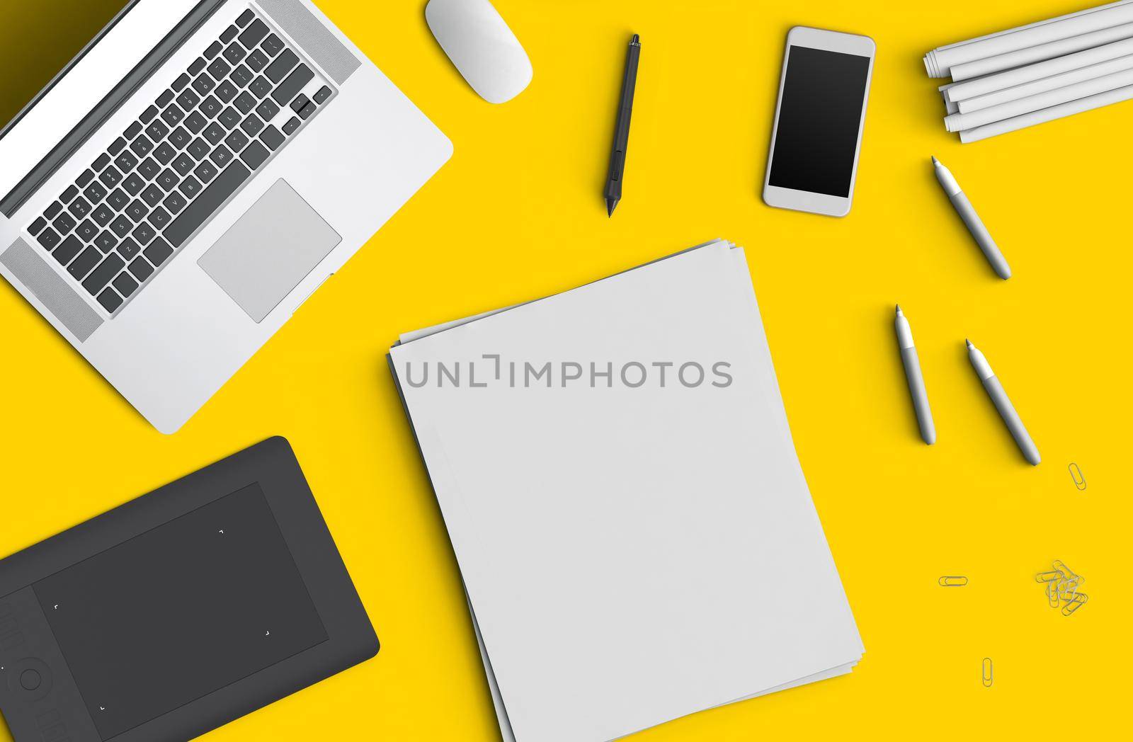 Minimal work space concept: smart phone, pen, pencils, notepad, notebook, tablet, laptop, composition on yellow background. Flat lay, top view by nazarovsergey