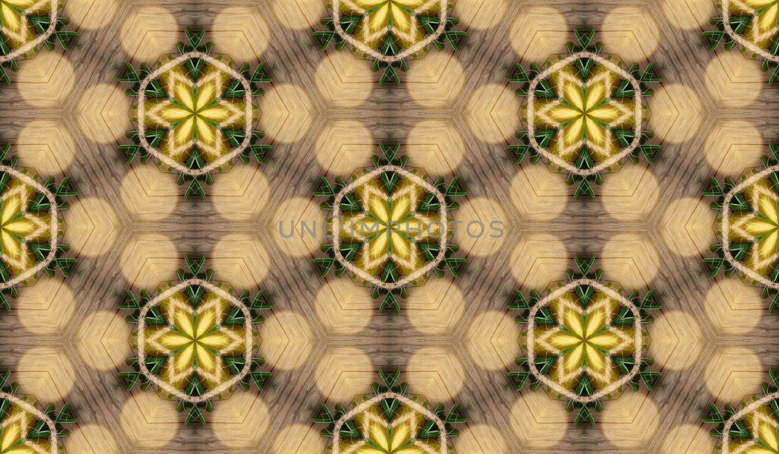 Abstract seamless texture from photo of fir branches with lights on a wooden background.