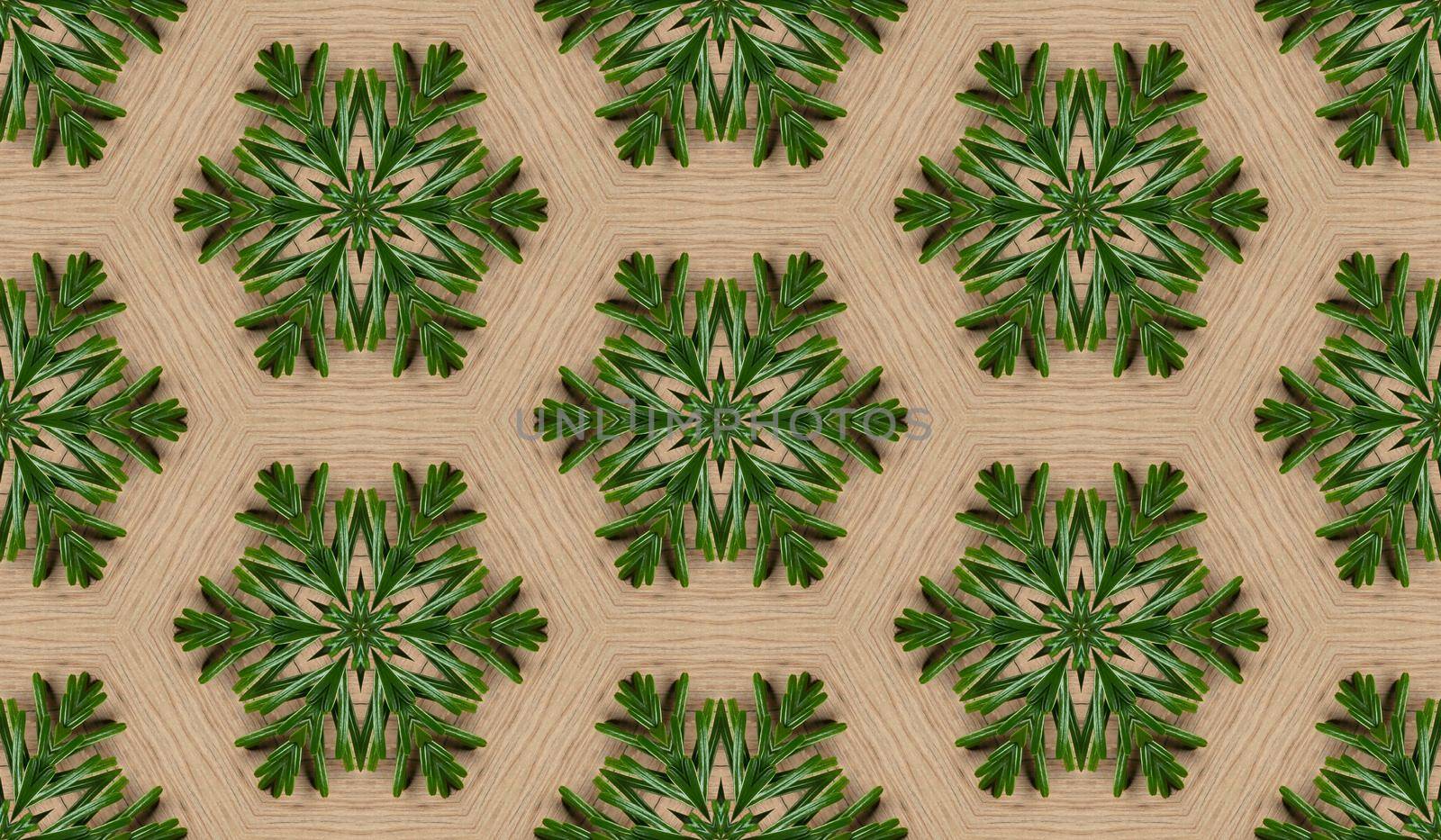 Abstract seamless texture from photo of fir branches on a wooden background.