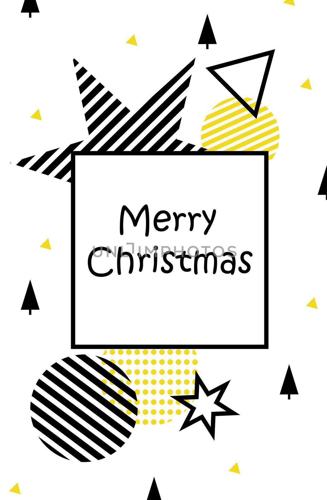 Happy New Year. Merry Christmas. Illustration festive with Christmas balls, stars. On a white background, black and yellow Christmas decorations. Grey and yellow balls in stripes