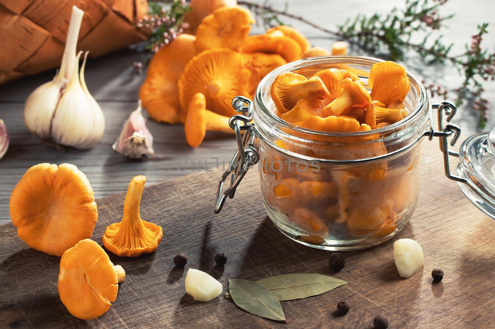 Preserving chanterelle mushrooms in a jar with spices and herbs. Pickling wild edible mushrooms.