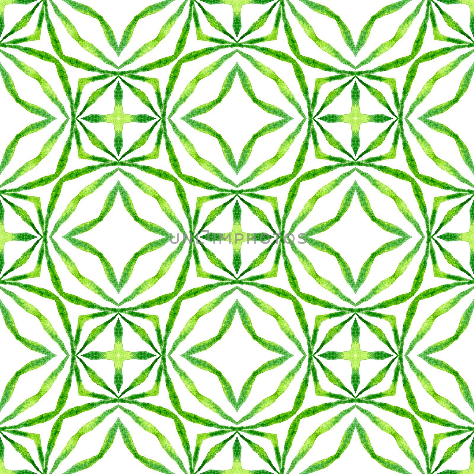Tiled watercolor background. Green wondrous boho chic summer design. Hand painted tiled watercolor border. Textile ready curious print, swimwear fabric, wallpaper, wrapping.